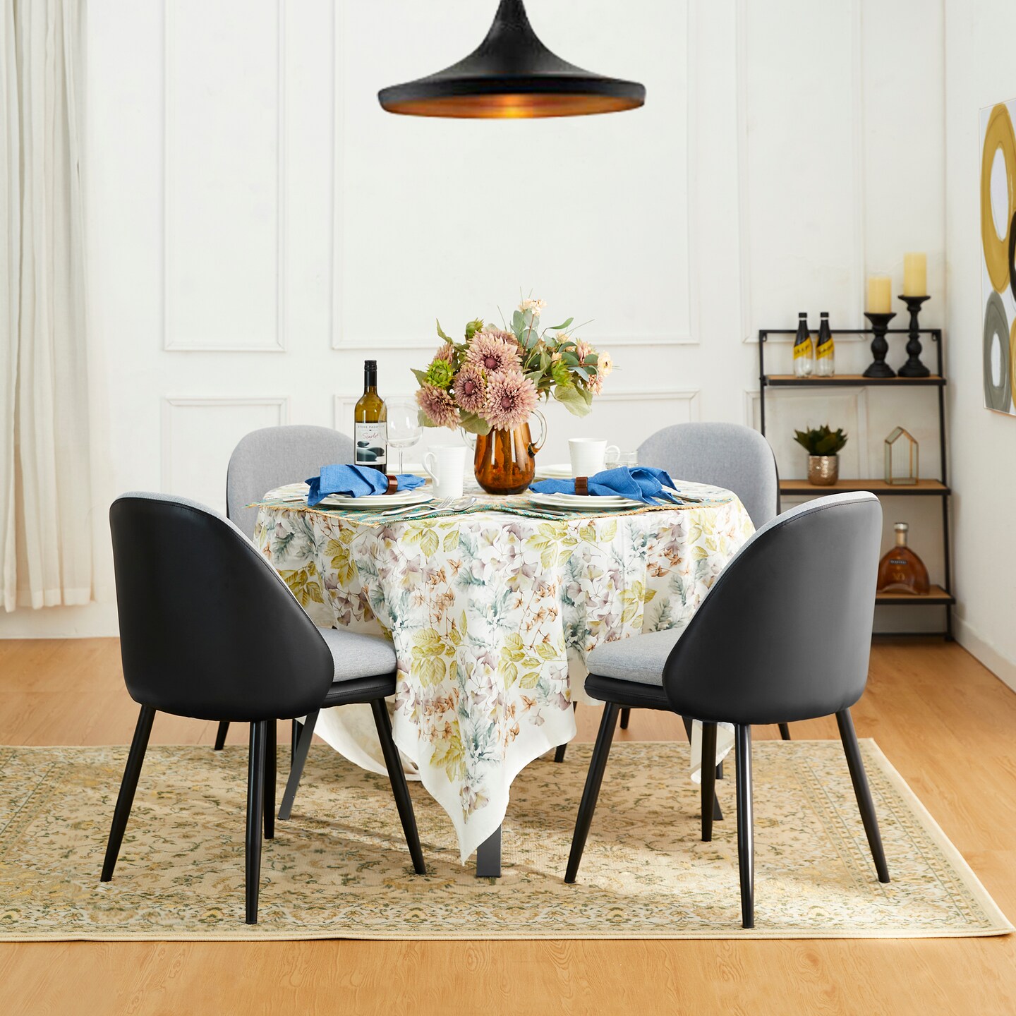 Set of 2/4 Modern Two-tone Color Dining Chair with Metal Black Tapered Legs - Black Leatherette Mixed Grey Fabric