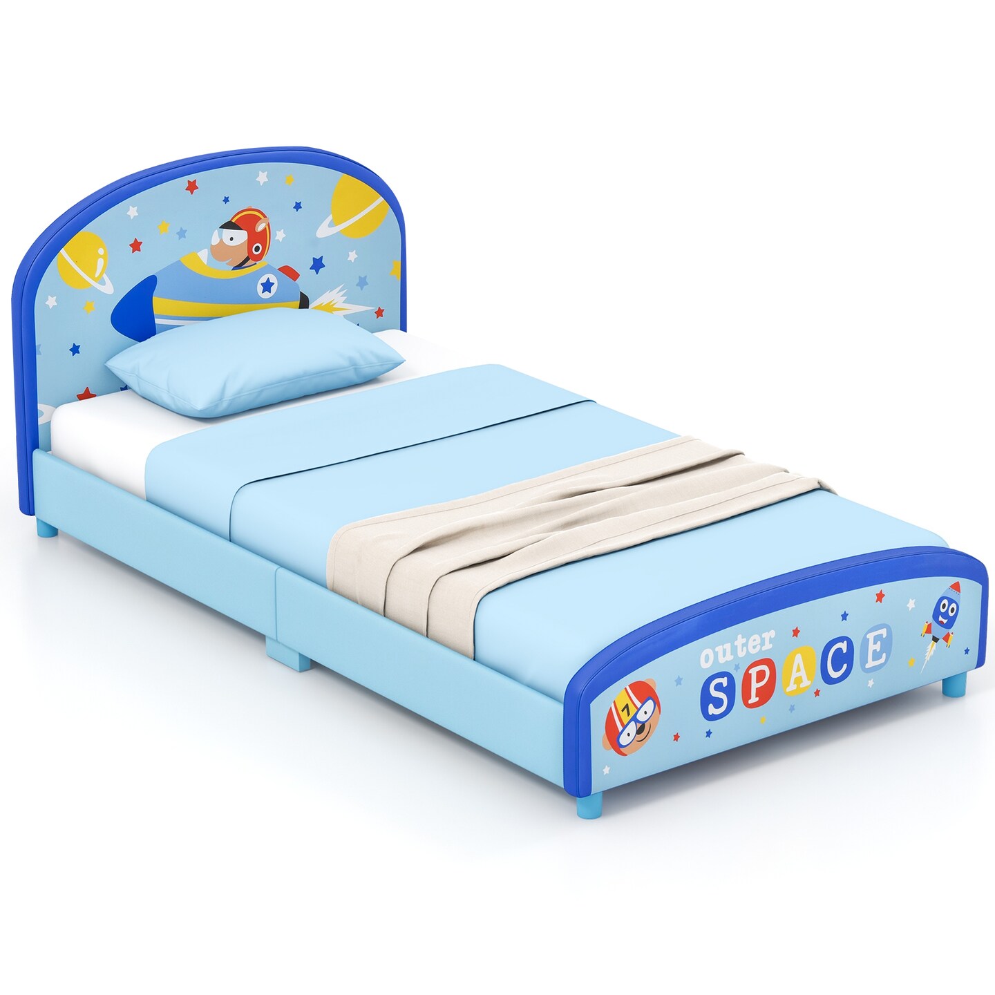 Wood Upholstered Kids Twin Bed Platform with Slat Support