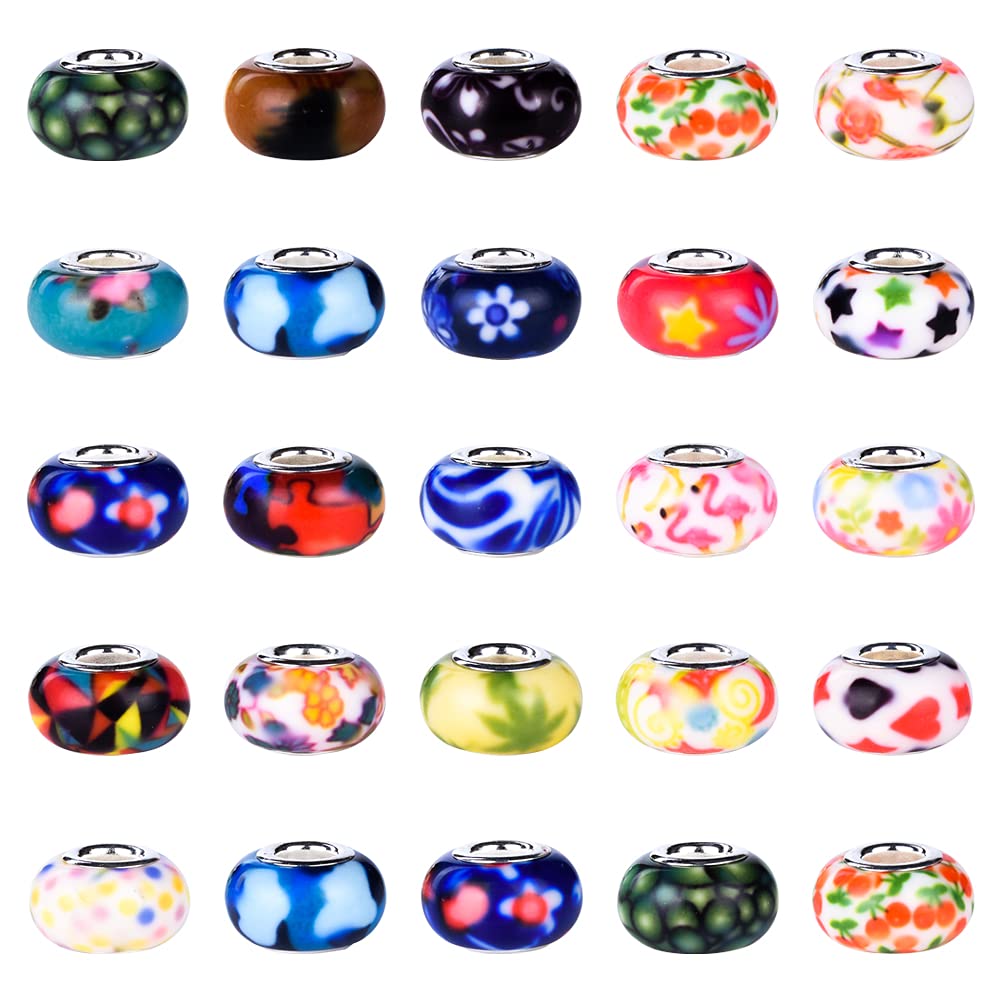 120 Pieces Assorted European Craft Beads Large Hole Lampwork Spacer Beads Colorful European Beads for DIY Necklace Bracelet Jewelry Making (Out Flower)