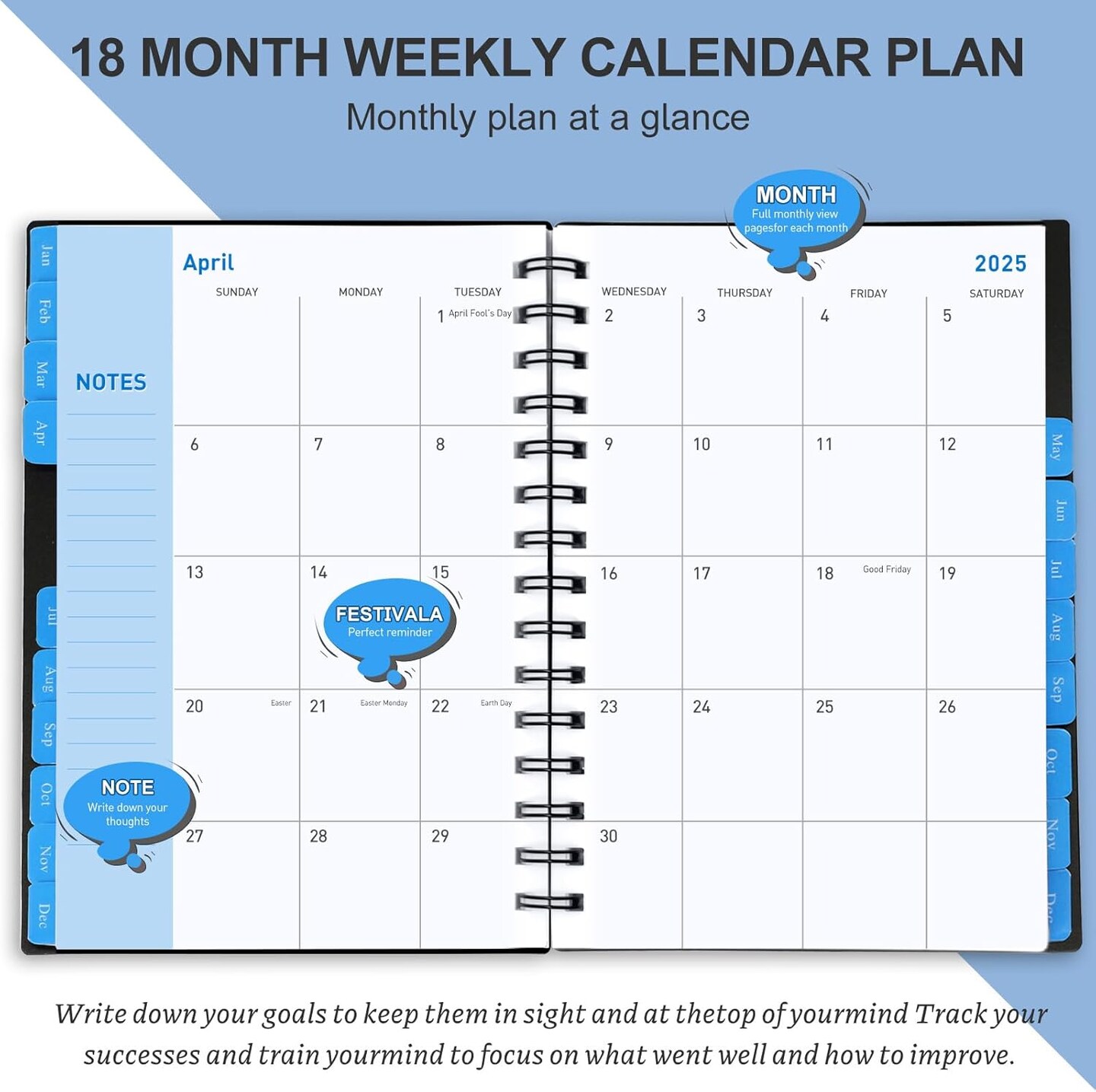 Daily Planner 2025-2026, 18 Month Planner with Tabs, Monthly Weekly Daily Planner 2025-2026, January 2025 - June 2026 Time Management Manual and Planner, 100GSM Thick Paper, A5 Size, Black