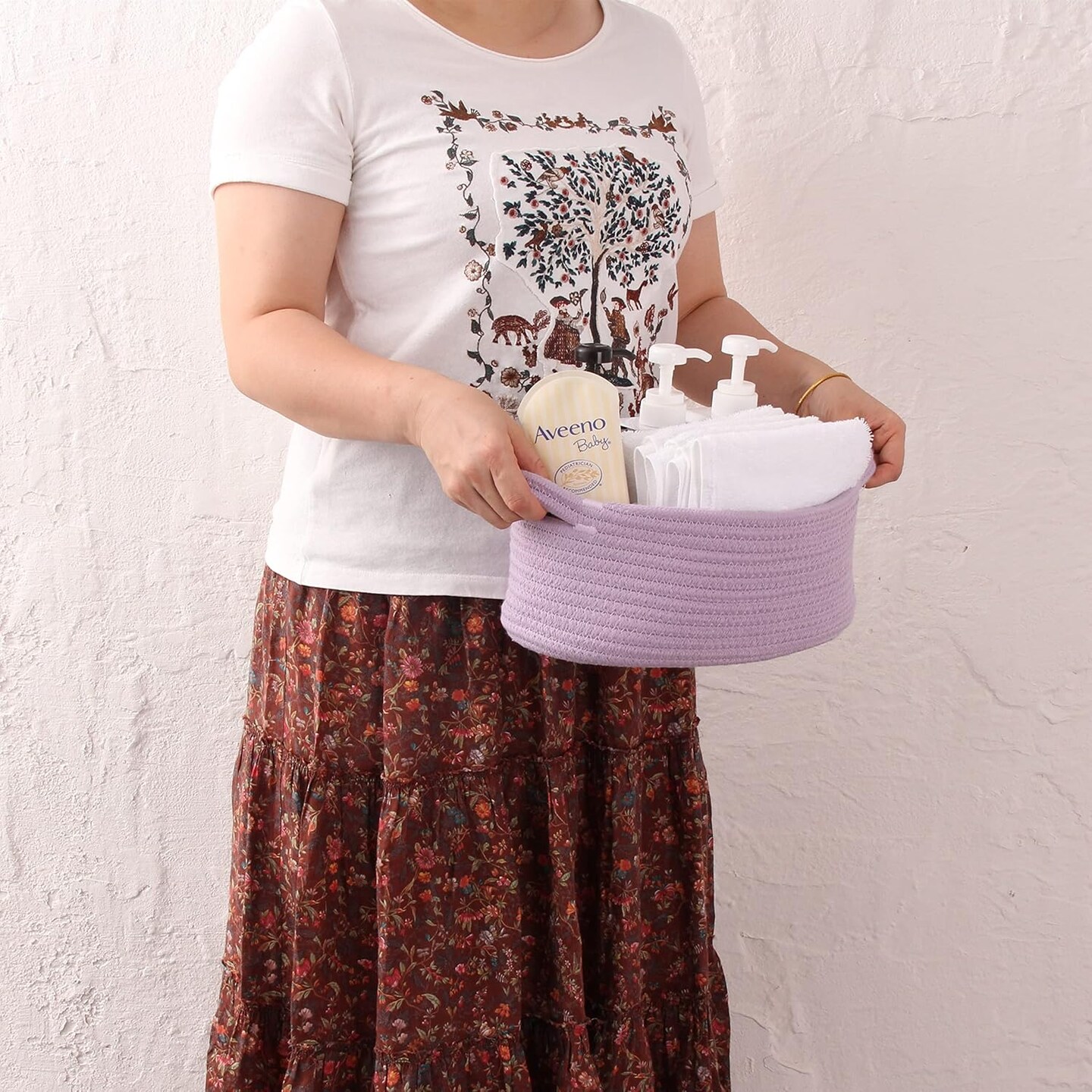 Small Woven Basket Cute Oval Cotton Rope Gifts Basket with Handle Empty Baby Wicker Storage Basket Nursery Box Bin Kids Organizer Cat Dog Toy Basket Easter Basket Light Purple Lavendor