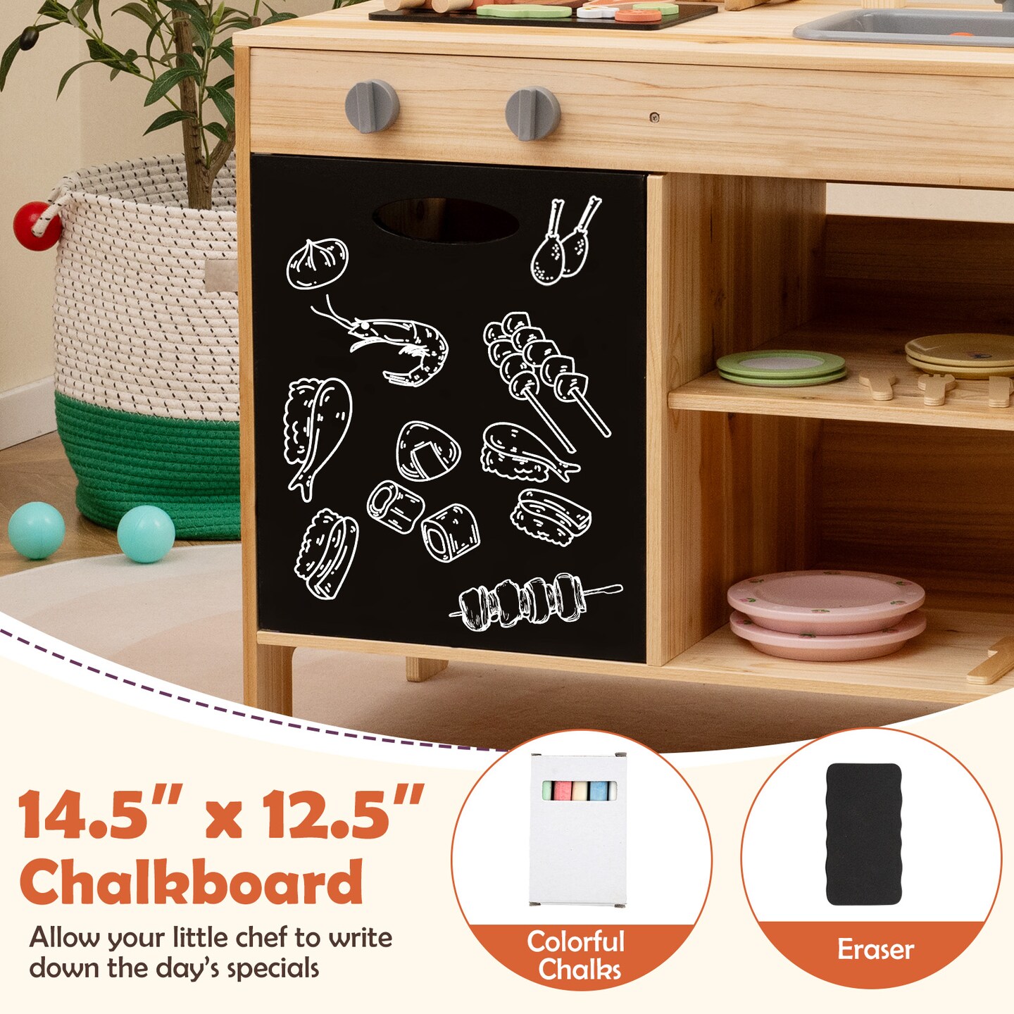Wooden Barbecue Grill Playset with Chalkboard and Sink and Cabinet-Natural