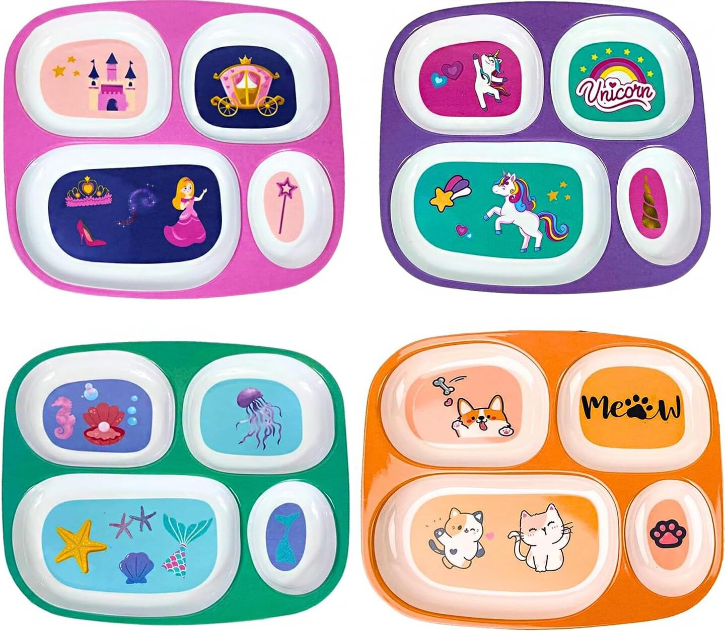 4E’s Novelty Kids Melamine Dinner Plates Set of 4 for Girls – Divided Plates for Picky Eaters, BPA-Free, Princess, Unicorn, Cat & Sea Life Toddler Plates