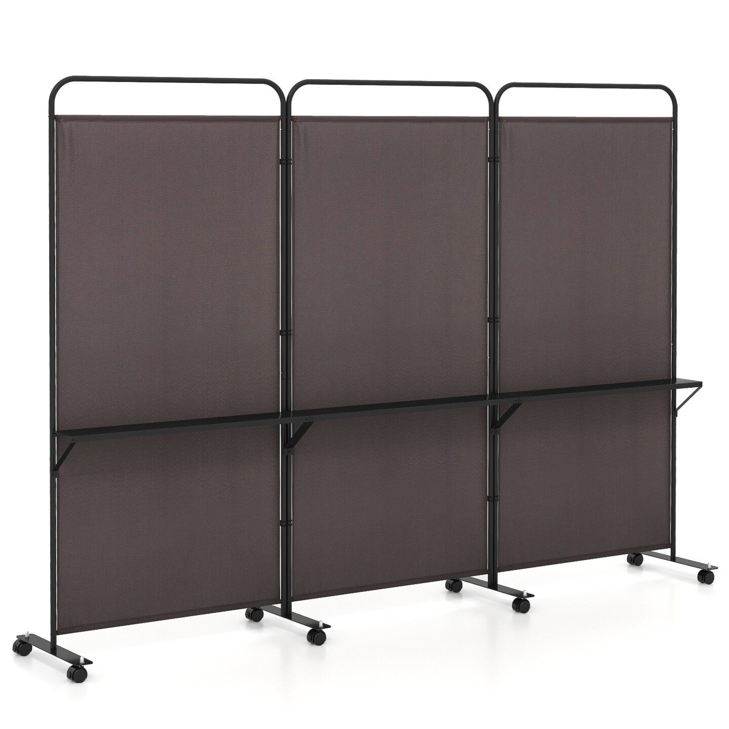 3-Panel Folding Room Divider with 3 Metal Shelves and Lockable Wheels