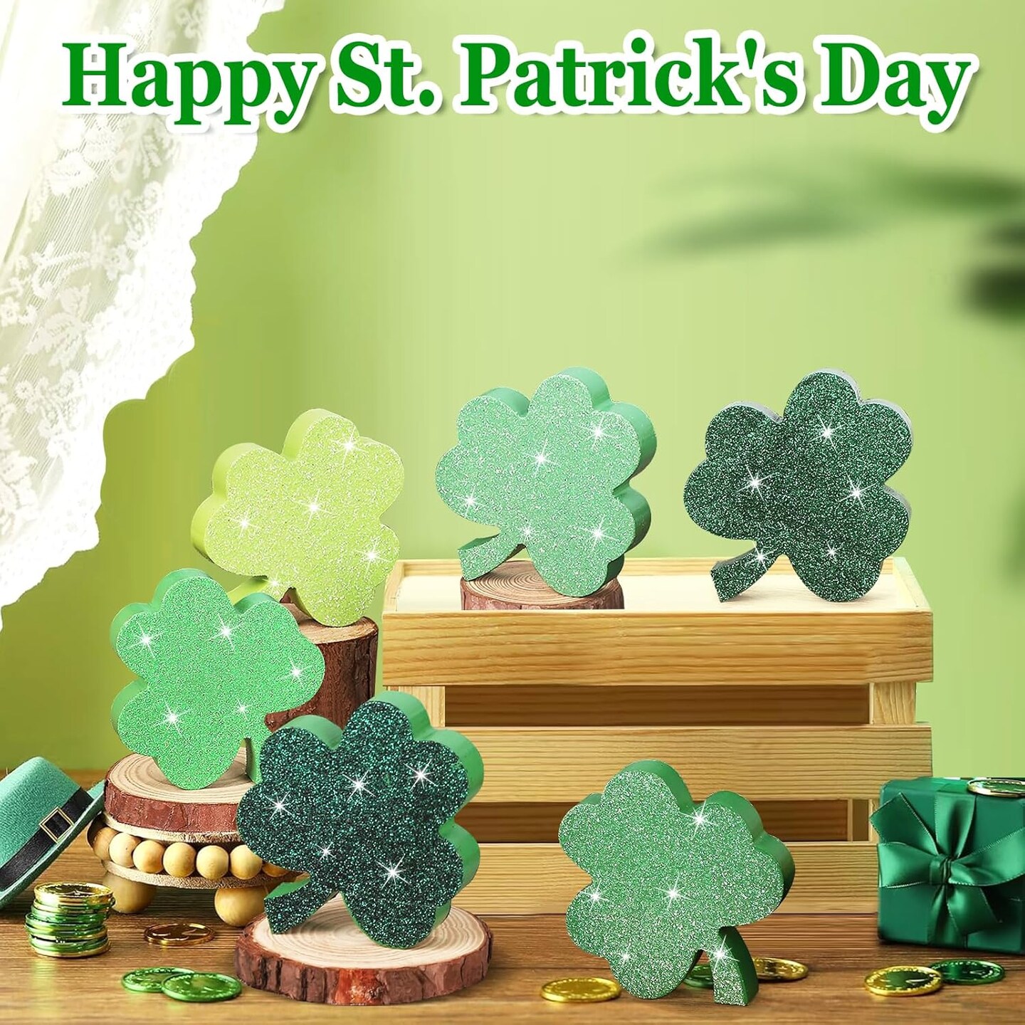 St. Patrick&#x27;s Day Shamrock Decorations, Wooden Saint Patrick Day Tiered Tray Decor Set of 6, Green Clover Table Top Decoration for Home, Shelf, Door, Office Party (Glitter Solid)