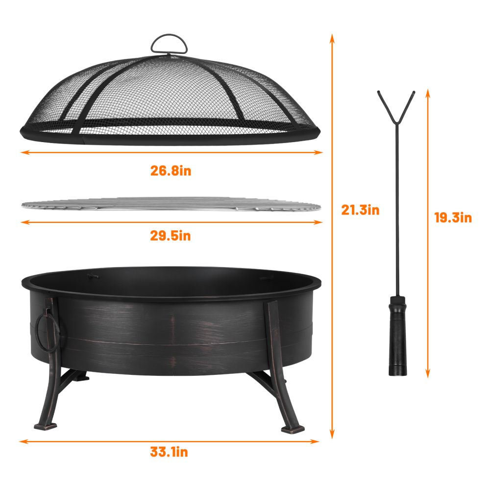 29inch Fire Pit, Wood Burning Fire Bonfire Pits Outdoor BBQ Grill Fire Pit Bowl for Camp