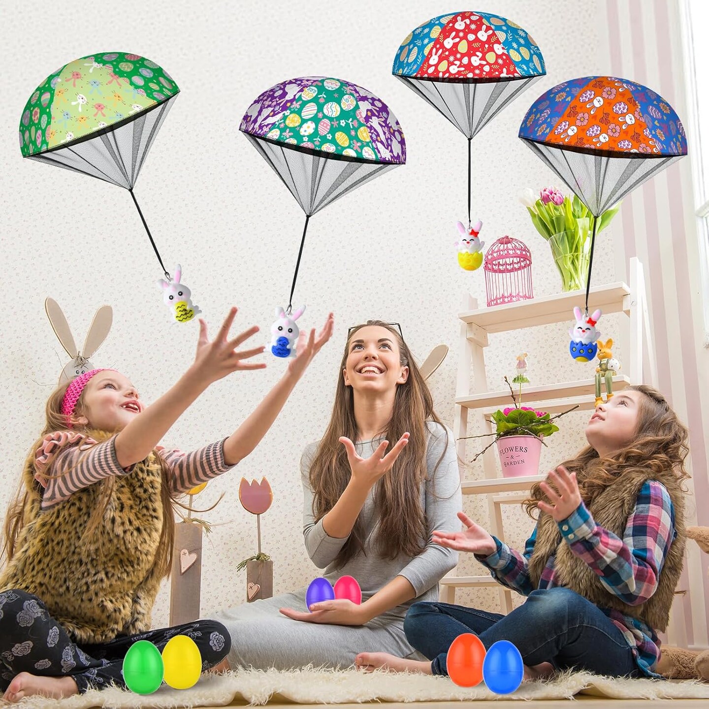 8 Pack Prefilled Easter Eggs Parachute Toys, Easter Basket Stuffers with Hand Throw Flying Toys