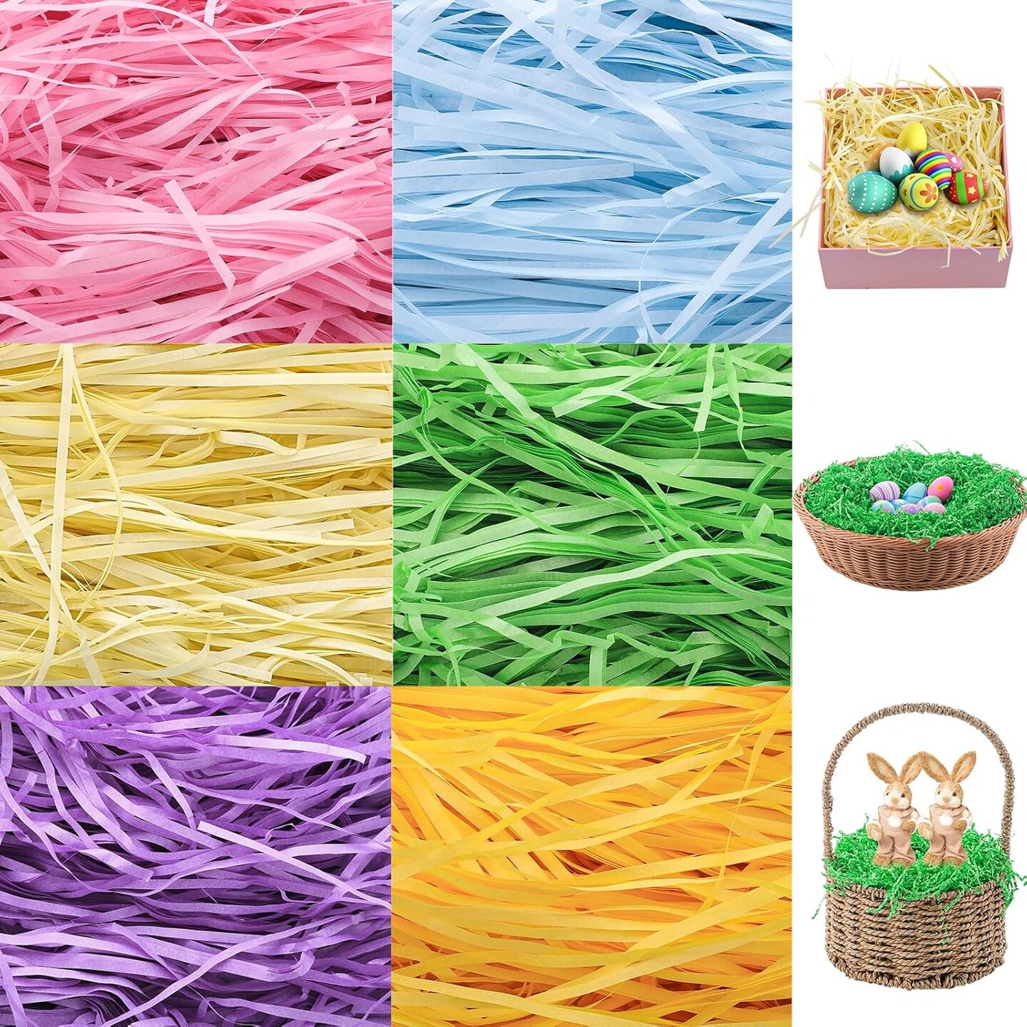 Easter Grass Basket Filler 10.6 oz (300g), 6 Colors Crinkle Paper Shredded Paper for Gift Baskets Easter Egg Hunt Gift Wrapping Boxes Bags Filler Decorations
