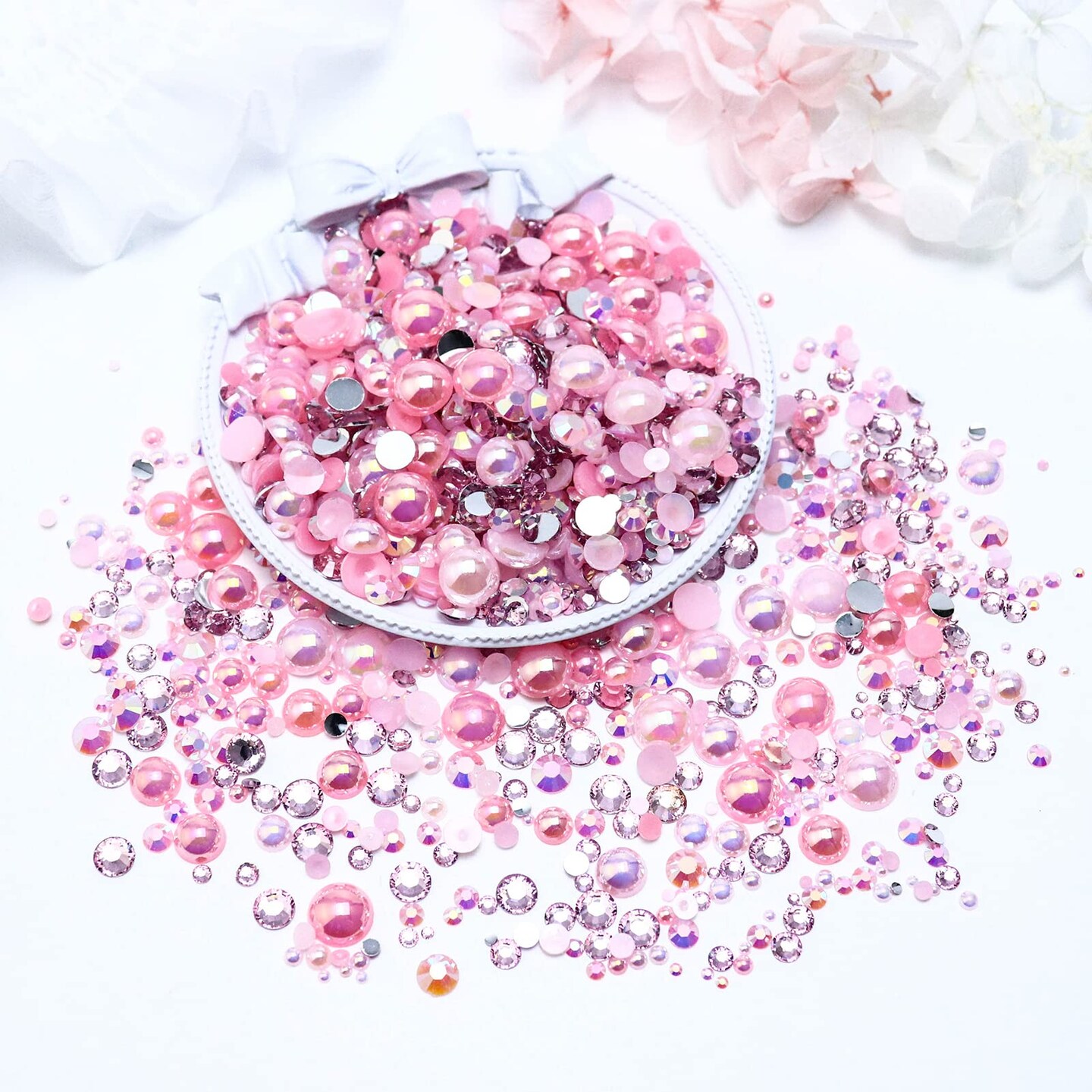 60g Mix Pearls and Rhinestones for Crafts, 2mm-10mm Pink Pearl Rhinestones for Shoes Nails Face Art, Tumbler Bedazzling Half Pearls and Rhinestones Gems, with Picker Pen