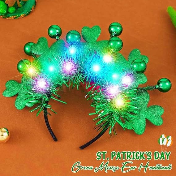 St Patrick&#x27;s Day Headband Light Up Green Shamrock Hair Band Ball Irish Headwear Costume Accessories for Women and Girls