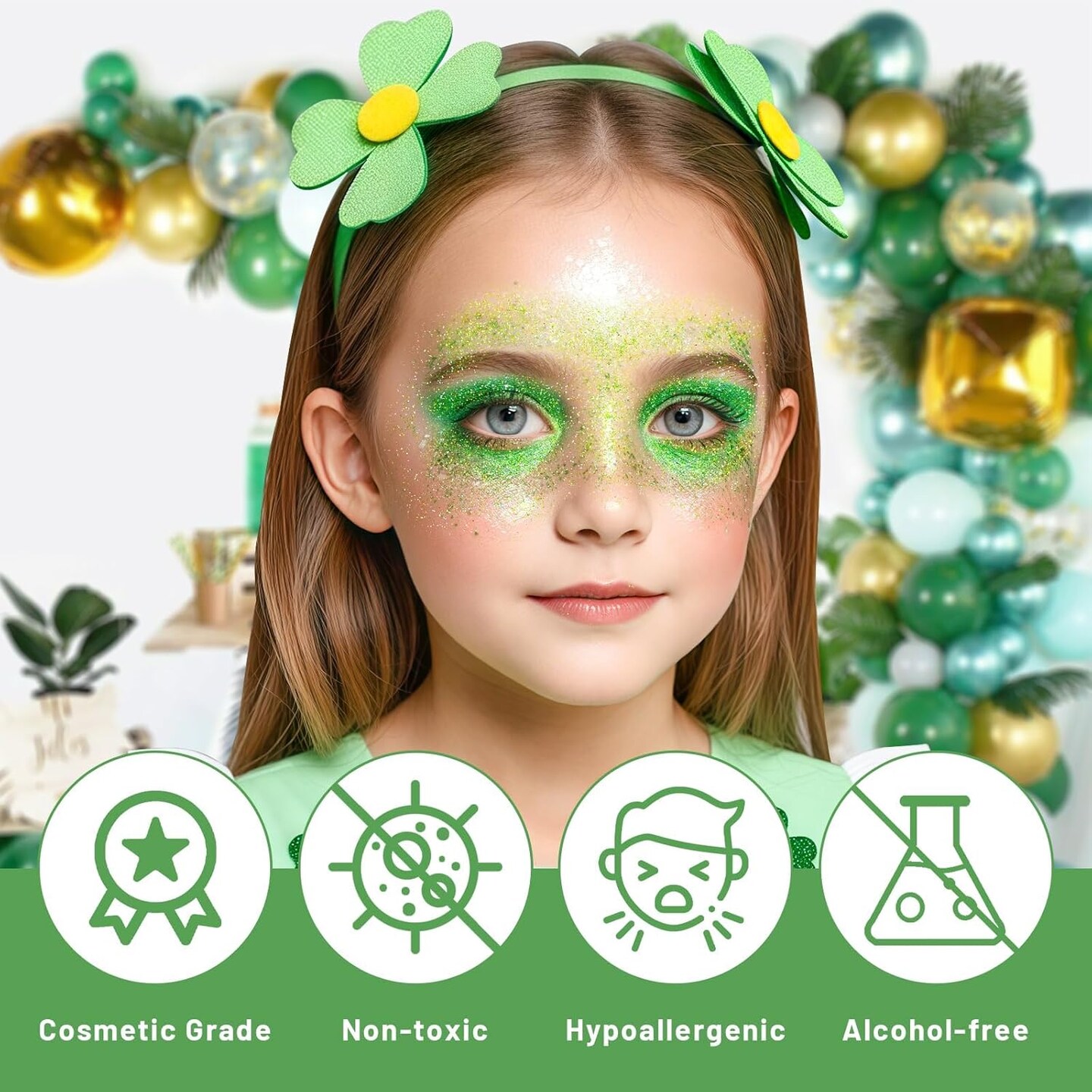 Green Body Glitter Gel, Roll-on Face Glitter for St Patricks Day Festival Rave Accessories, Holographic Hair Glitter Gel,Body Shimmer Mardi Gras Makeup for Rave Party
