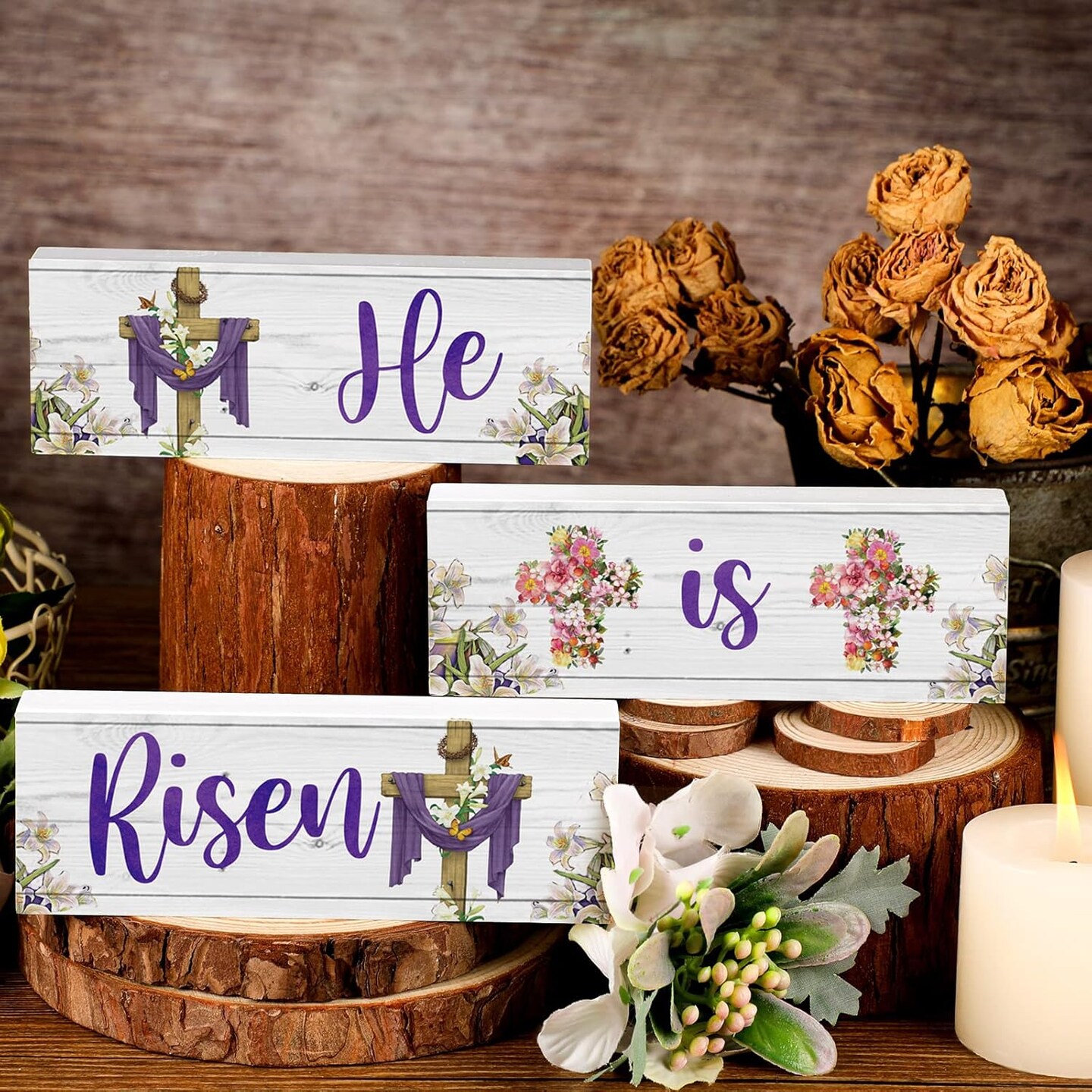 3 Pack Easter Wooden Table Decorations Easter Wood He is Risen Table Sign Sets Floral Cross Easter Tiered Tray Decor Religious Tabletop Centerpieces for Easter Spring Home Office