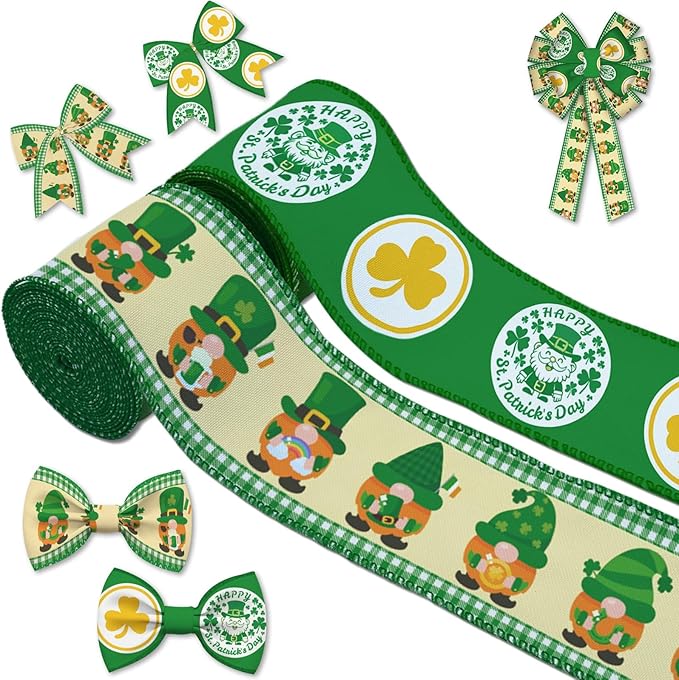 2 Rolls St Patrick&#x27;s Day Ribbon, 2.55&#x22; x 5 Yards, Wired Edge Ribbon with Leprechaun &#x26; Shamrock Pattern, Green Plaid Border Decorative Ribbon for Holiday Party Home Decor Wreath Making Gift Wrap