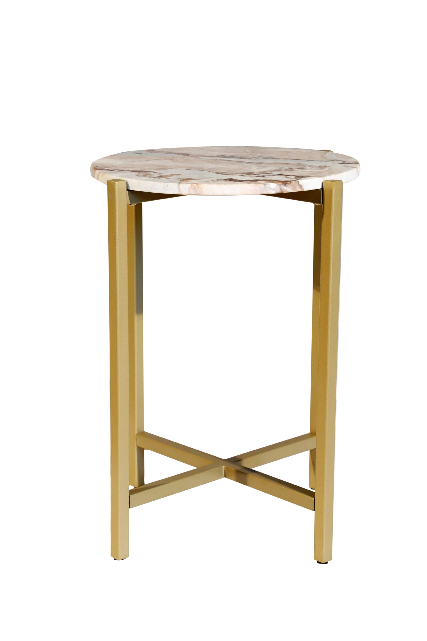 Brown Marble Side Table With Golden Metal Frame-21&#x27;&#x27;Height
