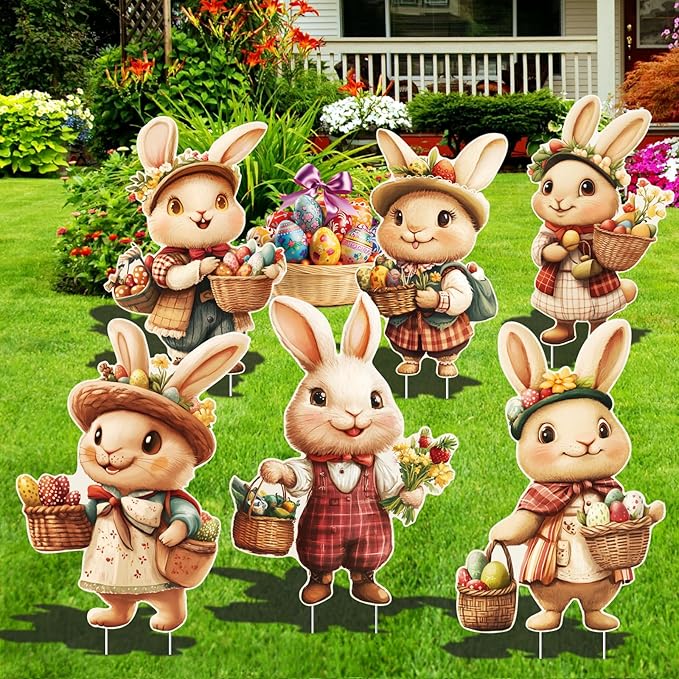 6 PCS Easter Bunny Decorations Outdoor Easter Bunny Yard Signs Cute Easter Yard Decorations Outdoor with 12 Plastic Stakes Waterproof Easter Bunny Lawn Signs Spring Home Garden Decor