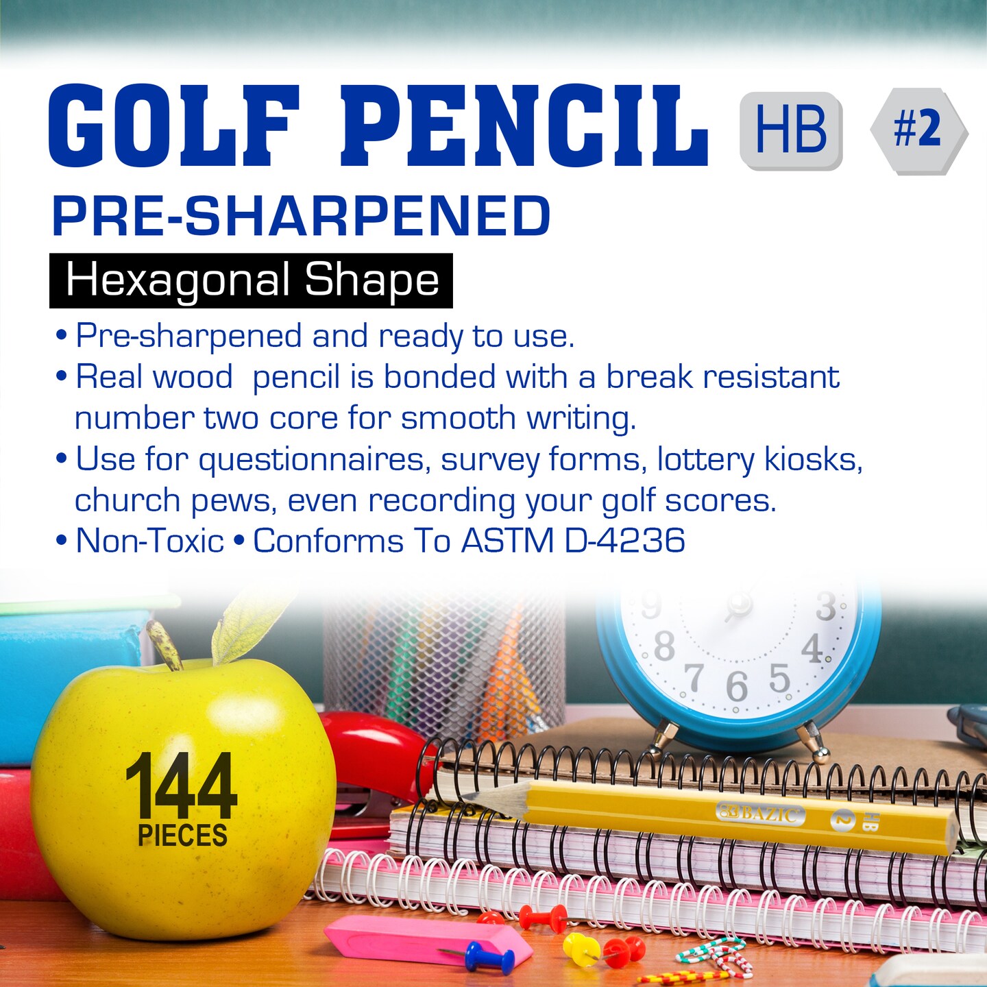 BAZIC Yellow Pencil #2 Pre-Sharpened Golf Pencil (144/Pack)