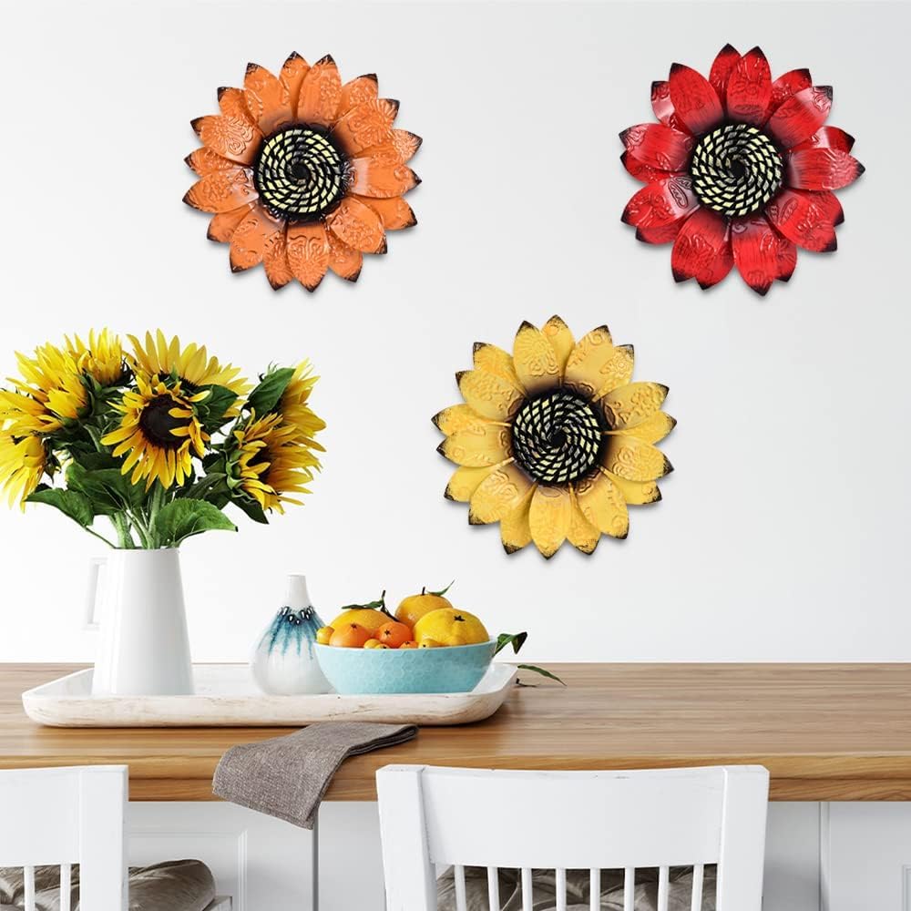 Sunflower Wall Decor - 9 inch Metal Flower Wall Art Decorations, Sunflower Yard Garden Decor Hanging for Kitchen, Bathroom, Bedroom, Set of 3 Handmade Gift for Home, Indoor or Outdoor