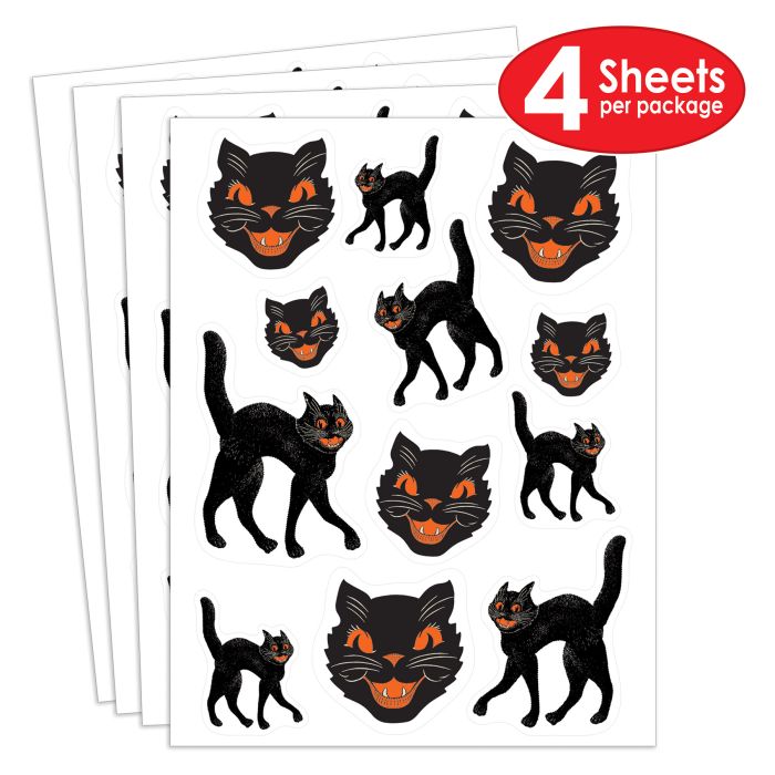 12 Packs Beistle Vintage Halloween Black Cat Stickers 4/Pack