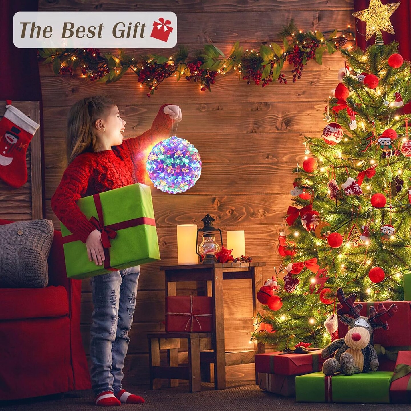 Christmas Light Ball Cherry Blossom Sphere, Battery Powered Christmas Window Lights Indoor, 2 Pack Hanging Lights for Outdoor Christmas Decoration with Timer Function, Colorful Light