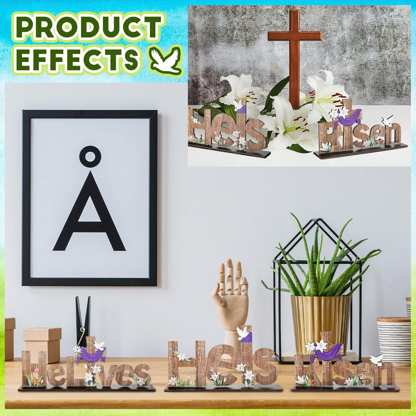 3 Pcs Easter Table Decor He is Risen Tabletop Decorations He Lives Wooden Signs Religious Jesus Cross Rustic Table Centerpiece for Easter Party Home Dinner Spring Decor