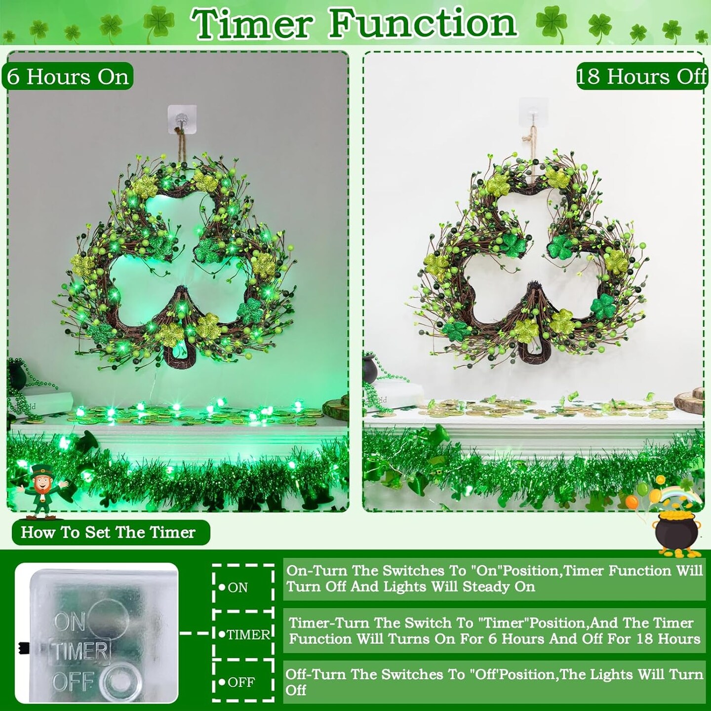 St Patricks Day Decorations, Shamrocks Wreath for Front Door