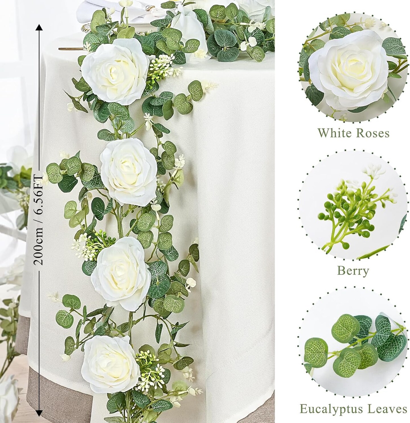 2 Pcs 13FT Artificial Eucalyptus Garland with Flowers, Rose Vine Flower Garland, Silk White Rose Garland Faux Floral Garland for Table, Wedding, Bedroom, Party, Wall Decor