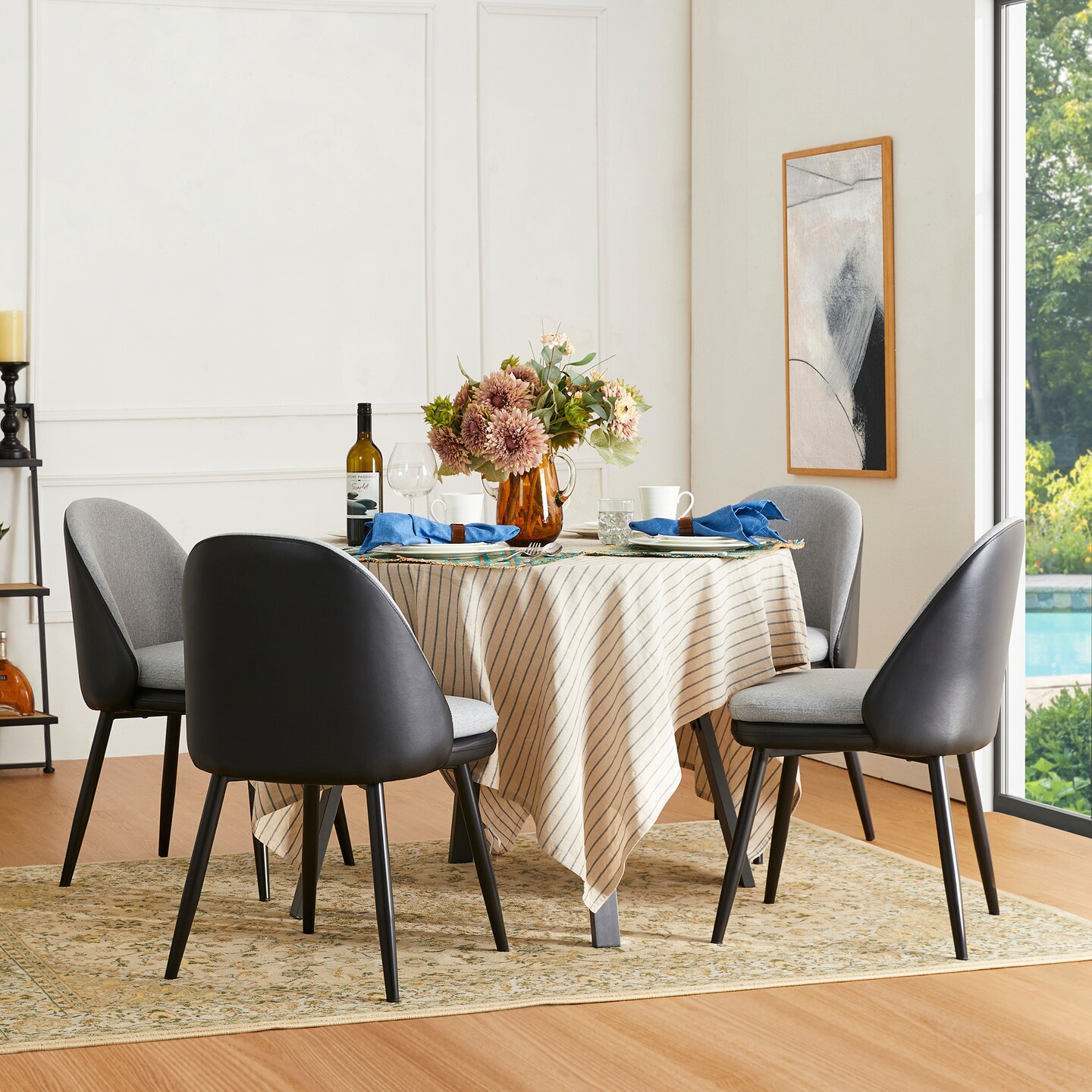 Set of 2/4 Modern Two-tone Color Dining Chair with Metal Black Tapered Legs - Black Leatherette Mixed Grey Fabric