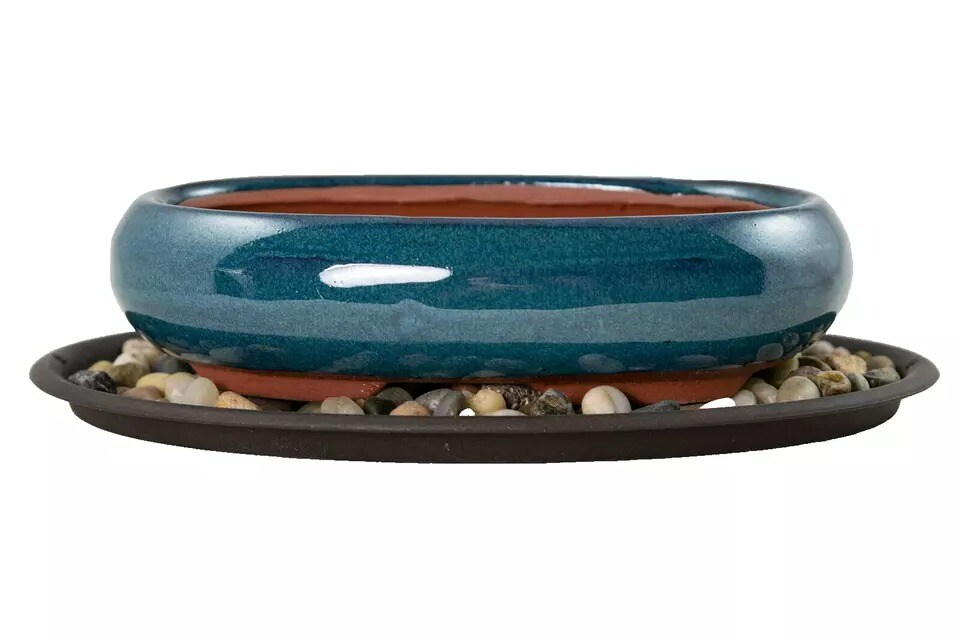 7.25&#x22; Oval Teal Green Bonsai / Succulent Pot + Tray + Rock + Mesh - Combo
