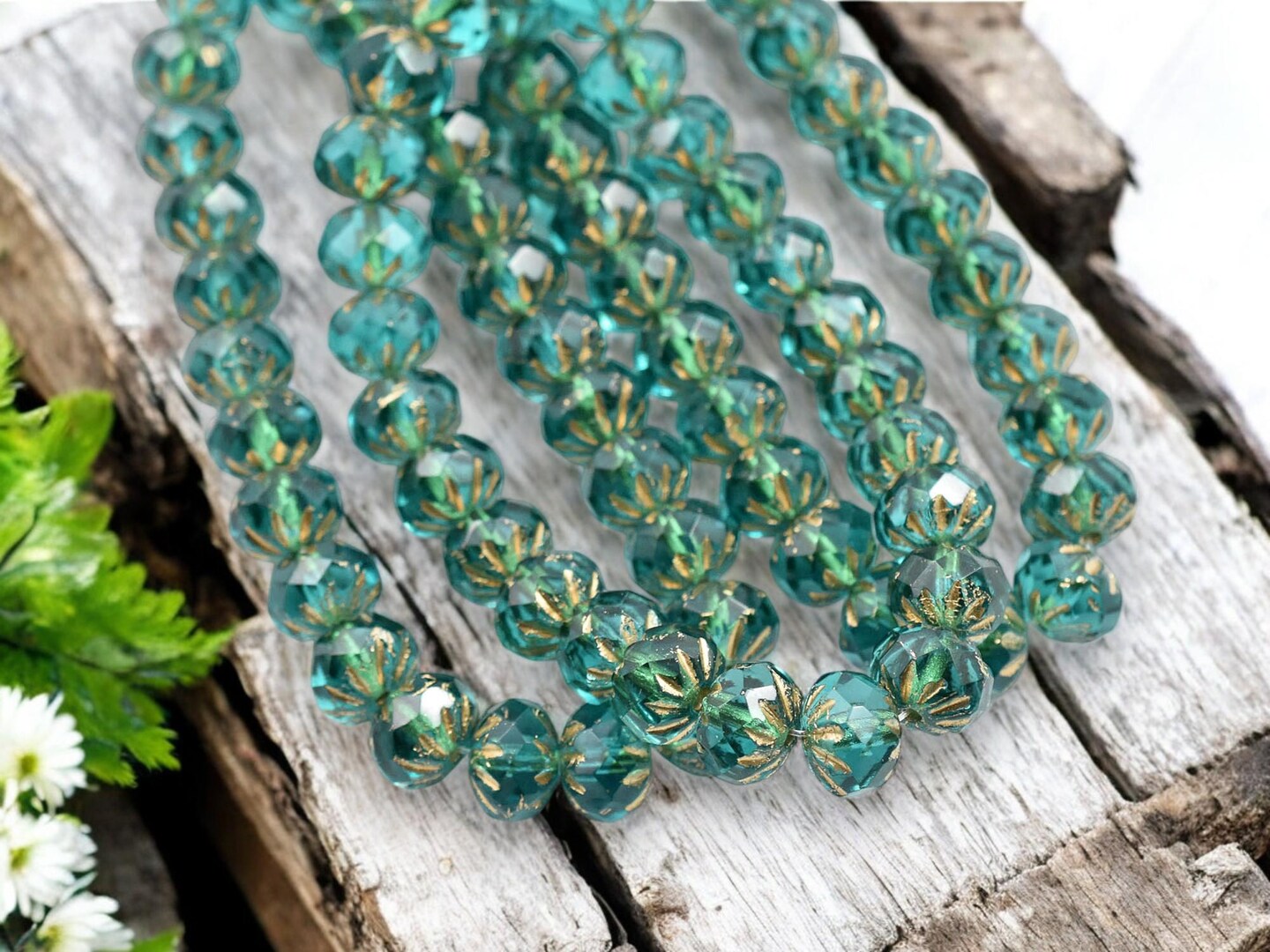*25* 6x9mm Etched Gold Washed Matte Teal Cruller Rondelle Beads