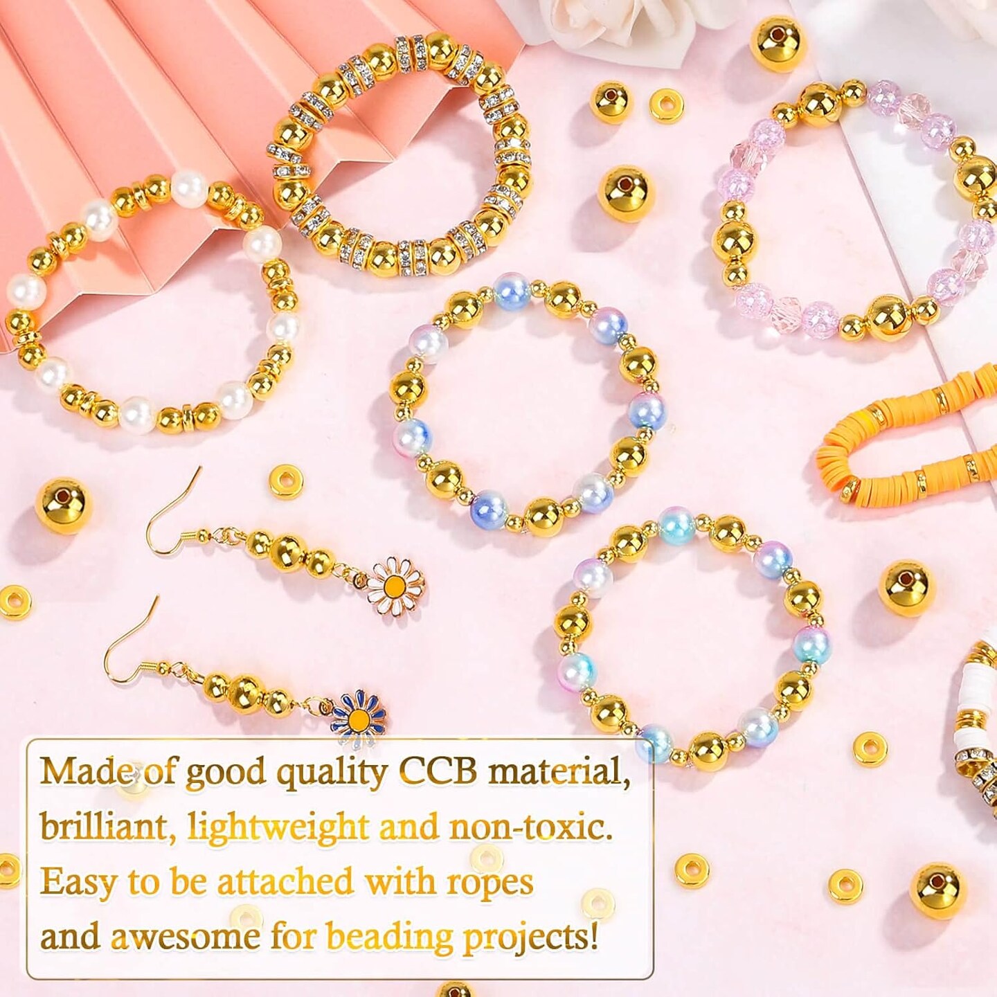 1250 Pieces Gold Spacer Beads for Jewelry Making, Gold Round Beads and Gold Flat Clay Beads for Bracelets Making, Small Gold Filled Beads for Jewelry Making