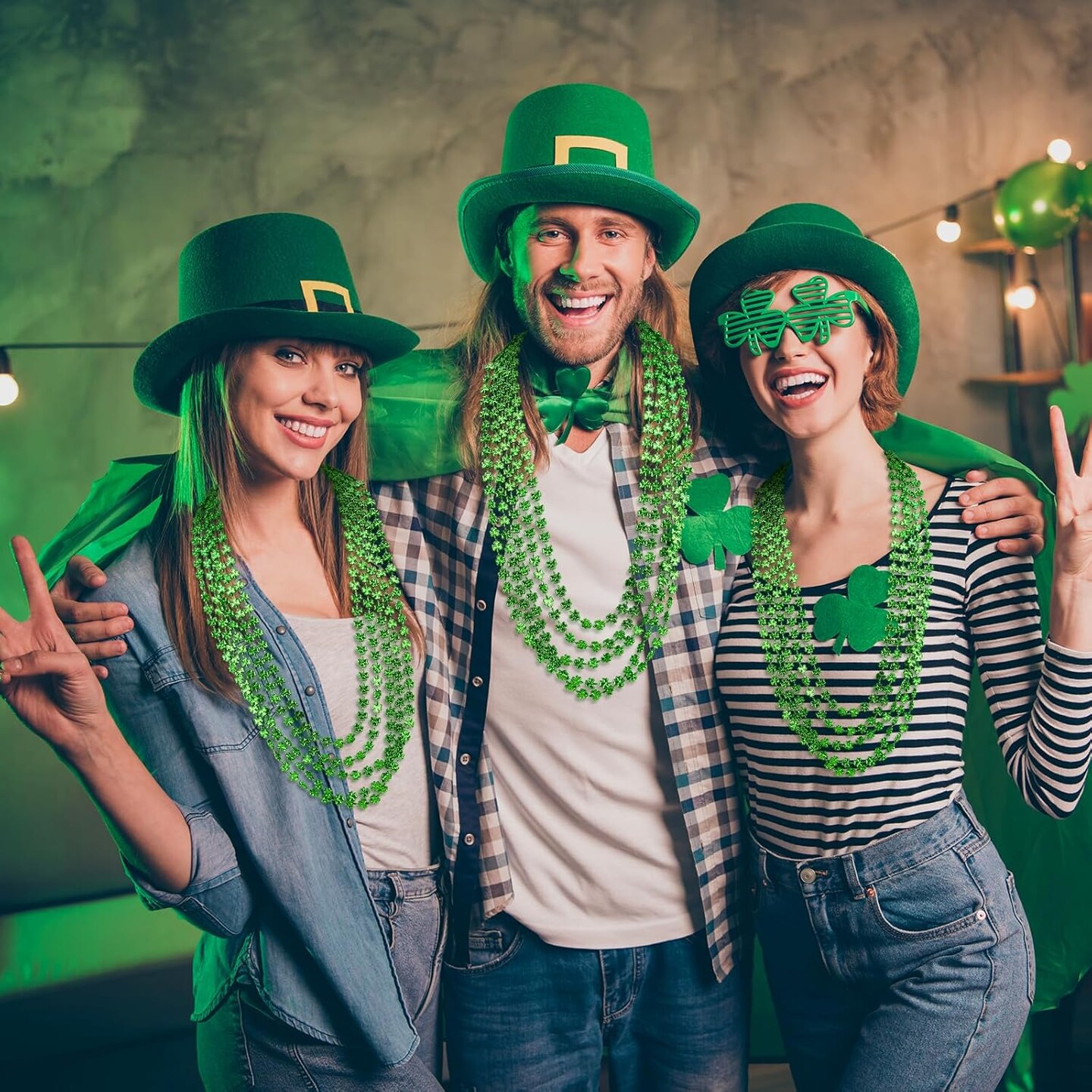 12Pcs St Patricks Day Shamrock Necklaces, St Patricks Day Necklace, Plastic Shamrock Necklaces Bulk, 33" 7mm Green Clover-Shaped Beads Necklace for St. Patrick's Day Party Favors Decorations Gift Supplies Women Men