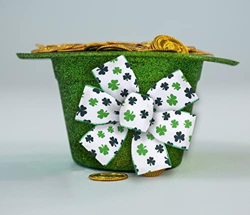 Saint Patrick&#x27;s Day Fabric Ribbons, Green Clovers Edge Wired Burlap Ribbon for St Patrick Day Decor Irish Hanging Wrapping Party Gift Decoration Outdoor Crafts Supplies (2.5 Inch * 10 Yards * 1 Roll)