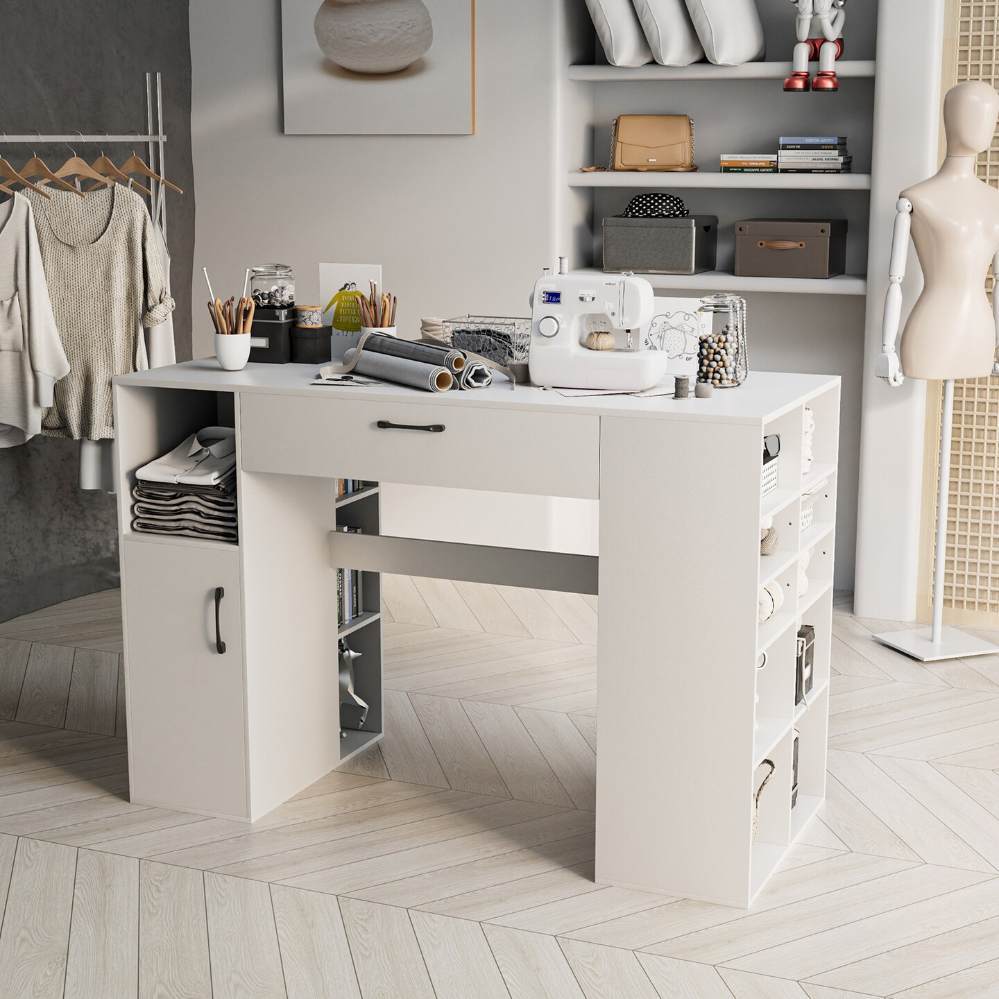 White Counter Height Sewing Craft Table, Computer Desk with Adjustable Shelves and Drawer