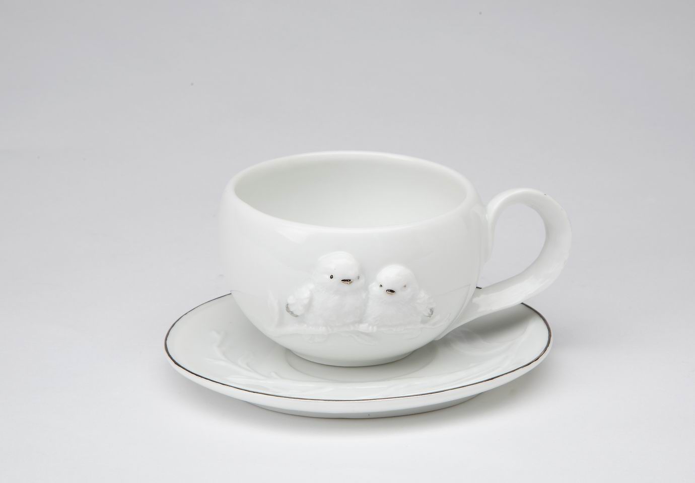 Ceramic White Birds Cup And Saucer, Gift for Her, Gift for Mom, Tea Party Décor, Café Décor, Farmhouse Kitchen Décor