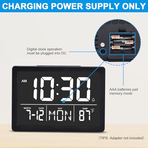 Digital Alarm Clock with Snooze, Small Clock/Table Clock, 6.3&#x22; LED Digital Calendar, 12/24H, Adjustable Brightness/Volume, Desk Clock for Bedroom, Living Room, Office - Black