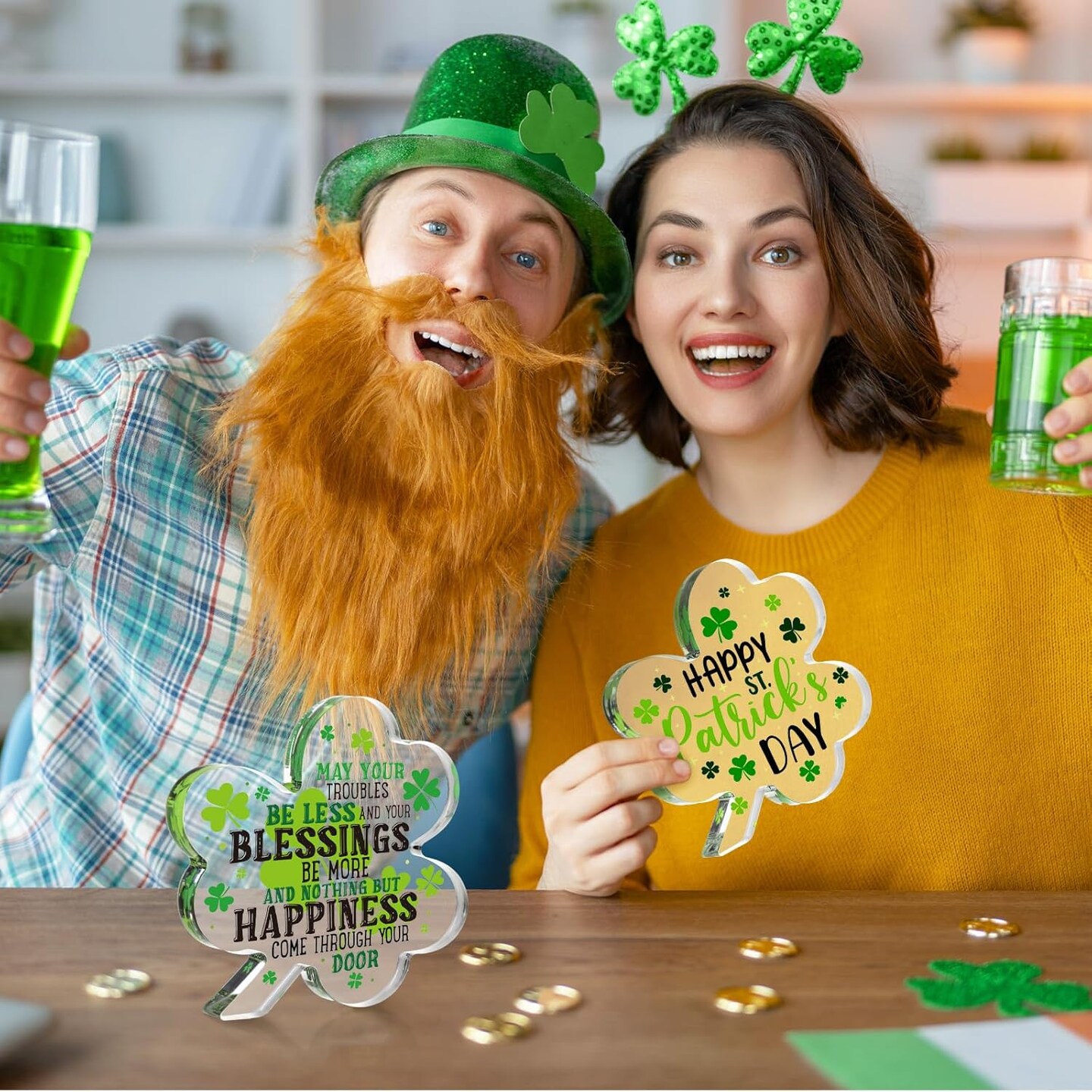 2 Pcs St Patricks Day Gifts Acrylic Shamrocks St Patricks Day Decor for Table, Office Desk, Shelf, Mantle May Your Troubles Be Less Happy Clovers Keepsake Gifts for Home Office, 4.72 x 4.72 inches
