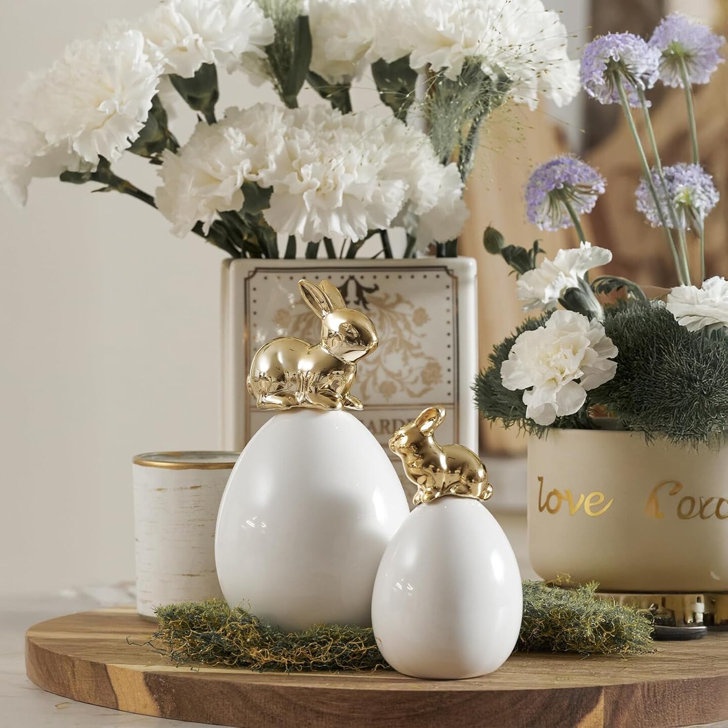 Easter Bunny Decorations, 2 Pcs Cute Gold Rabbit Sit on White Eggs Figurines for Spring Indoor Home Decor, Porcelain Rabbit Statues Table Centerpiece Mantel Tray Decor Gift