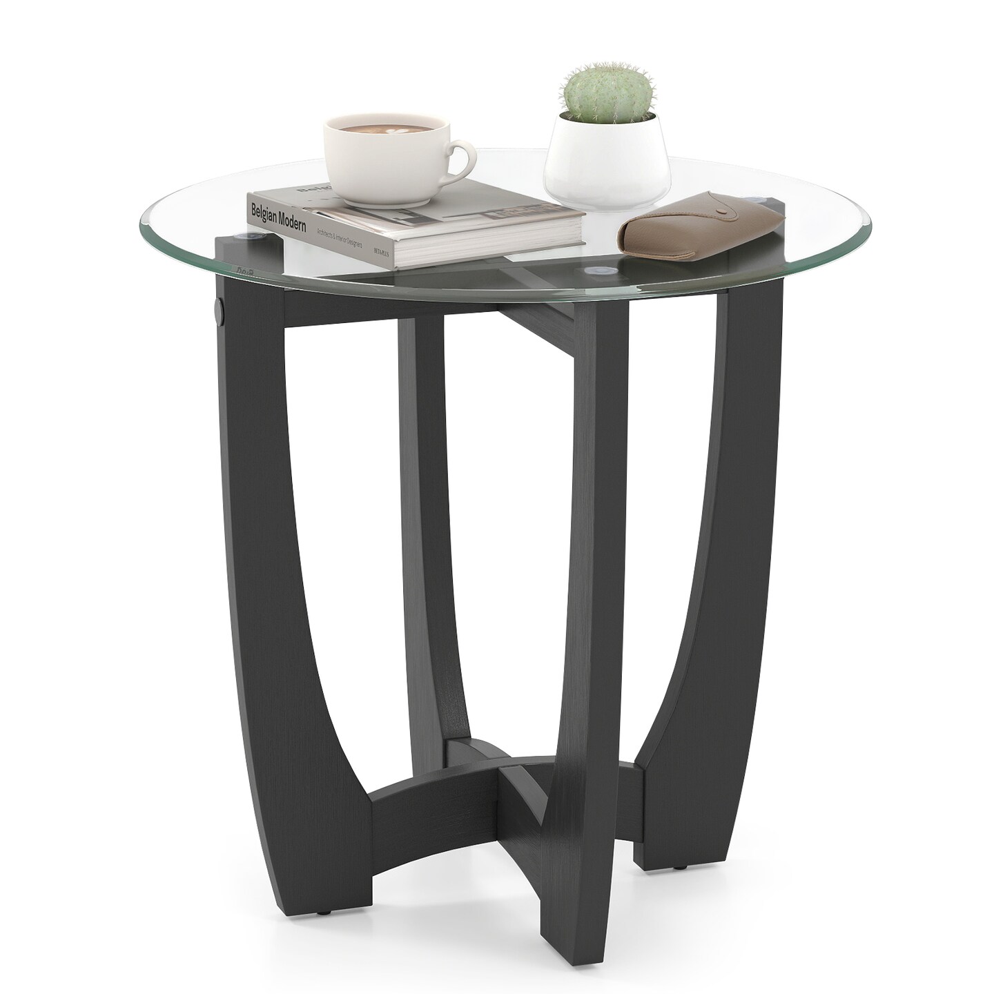 23.5 Inch Round End Side Table with Tempered Glass Tabletop for Living Room-Black