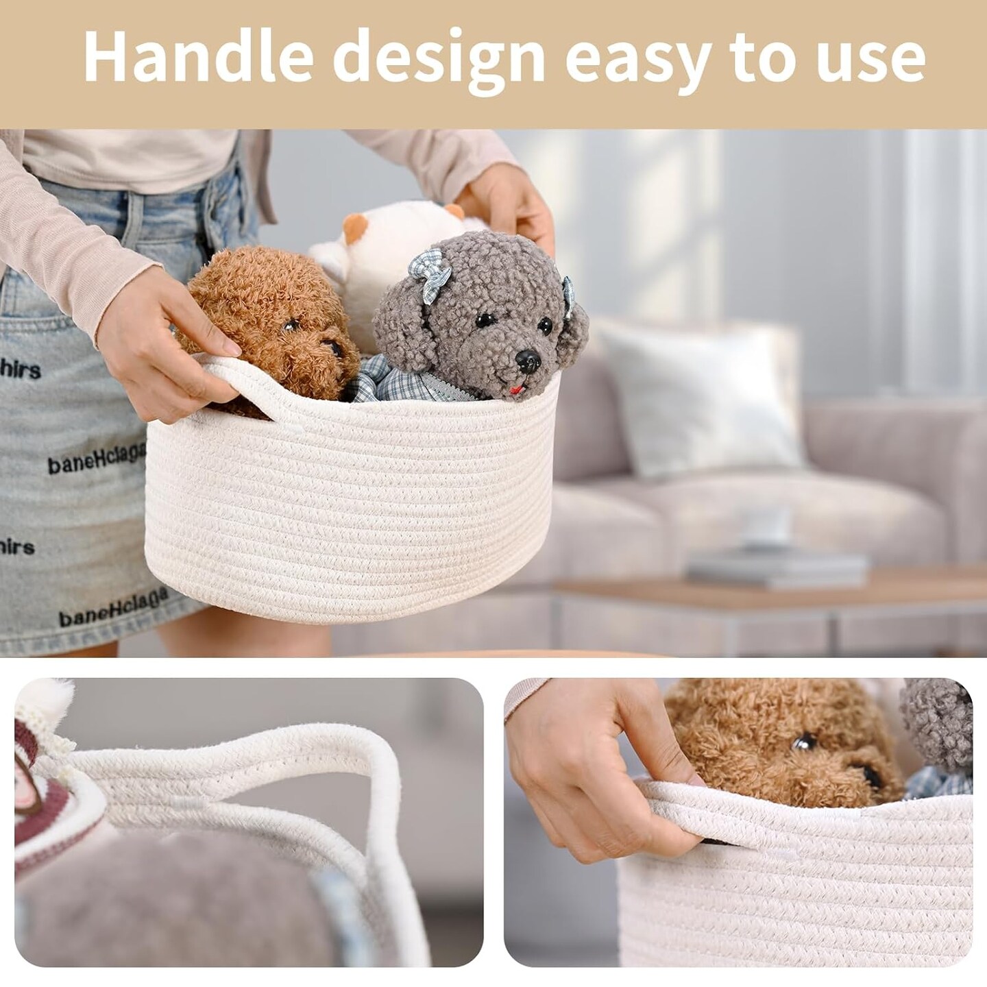 Cute Woven Storage Basket with Handle, Container for Gifts Empty, Decorative Organizer Bins Box for Pet Dog Toys Baby Essentials Snack Diaper Towel