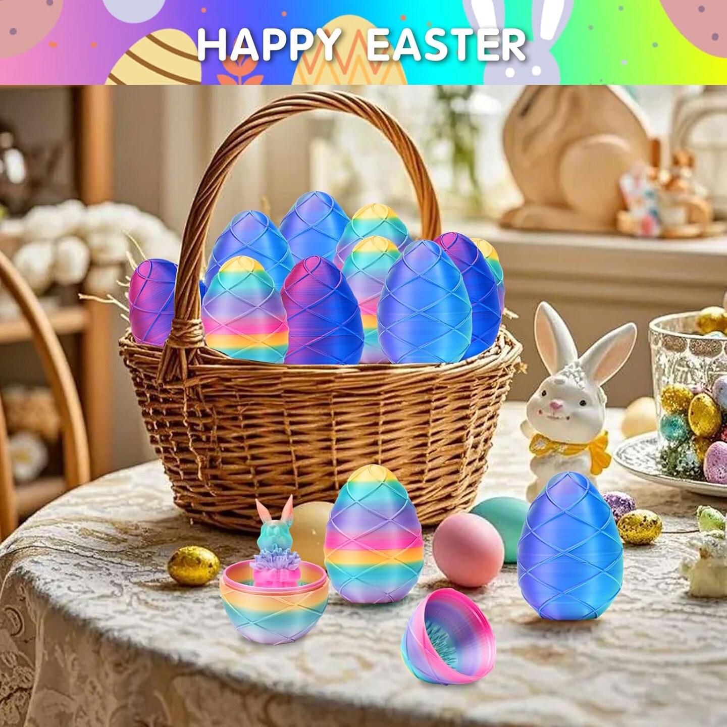 3D Printed Easter Bunny Eggs, Easter Gifts for Kids, Home Desk Decor, Cute Rabbit Eggs Easter Basket Stuffers Toy Gift for Boys and Girls (Green)