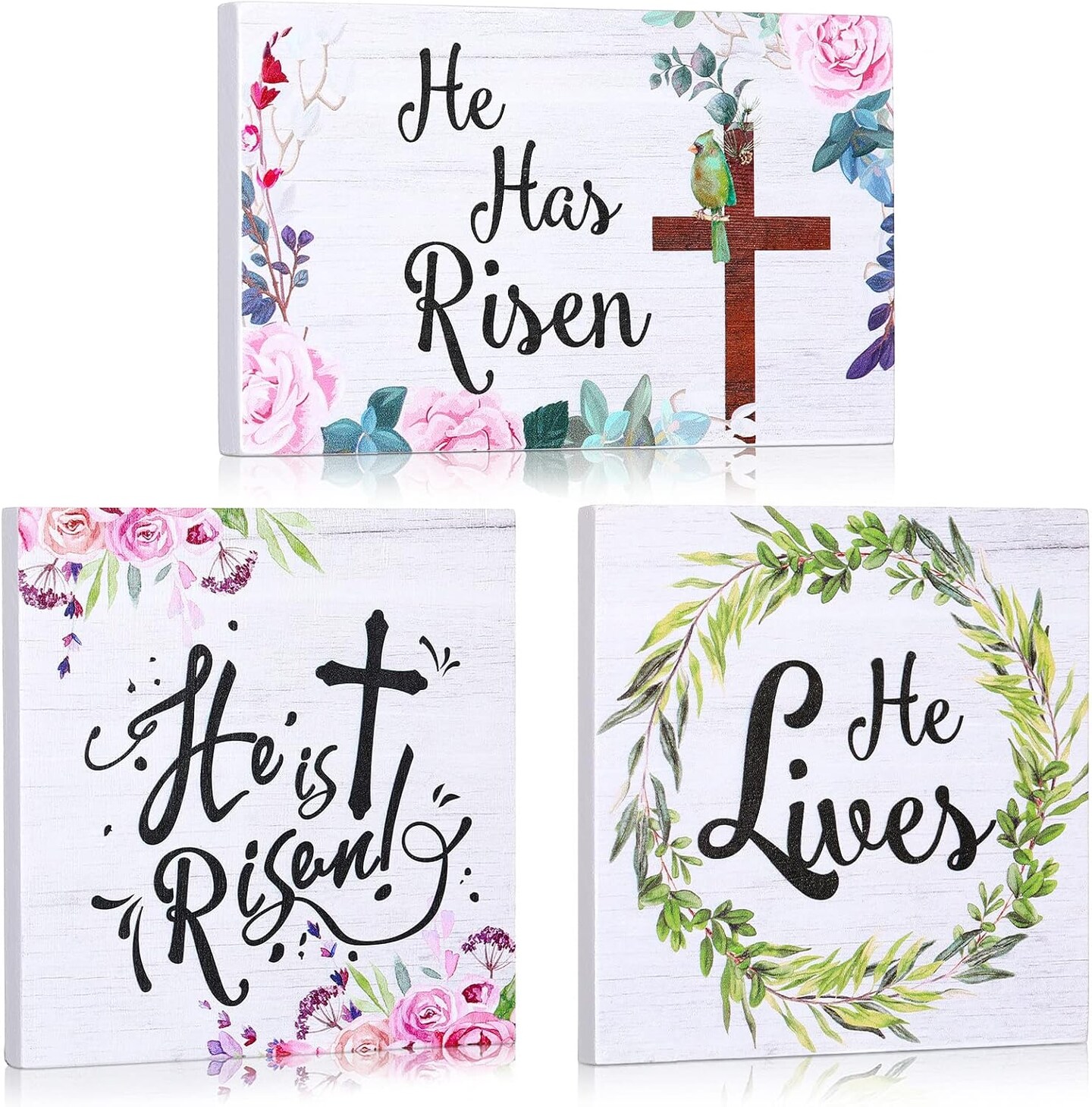 3 Pieces Easter Christian Table Decorations Signs He Is Risen Decor Wooden Inspirational Tiered Tray Block Signs Easter Spring Table Centerpieces He Lives Tabletop Decor for Holidays