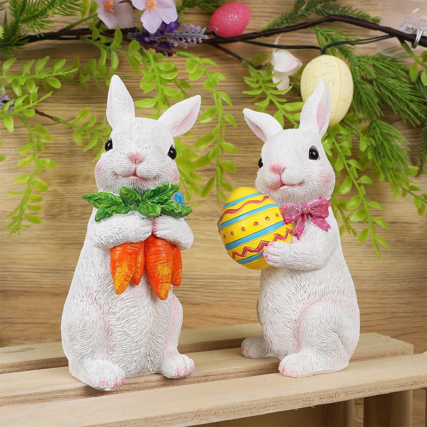 2 Pack Easter Bunny Figurine Decor, Standing Spring Resin White Rabbit Couple Statue Tabletop Ornament, Festival Present for Garden Home Table Office Dining Room Mantle Party Supplies