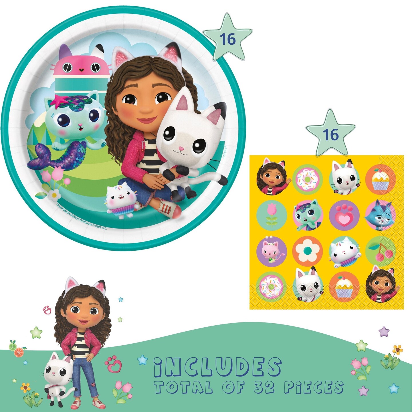 Gabby&#x27;s Dollhouse Birthday Party Supplies Bundle w/ Gabby&#x27;s Dollhouse Cake Plates &#x26; Napkins for 16 Guests