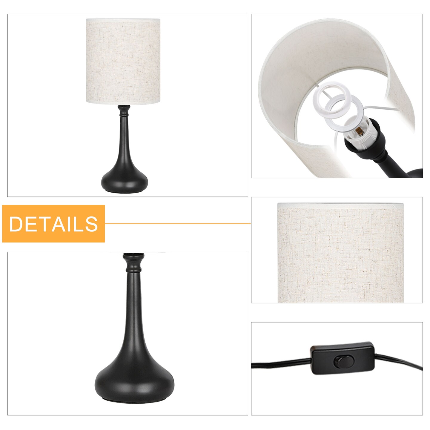 Set of 2 Modern Black Table Lamps &#x2013; Compact Nightstand Lamps with Fabric Shade for Bedroom, Office, and Living Room