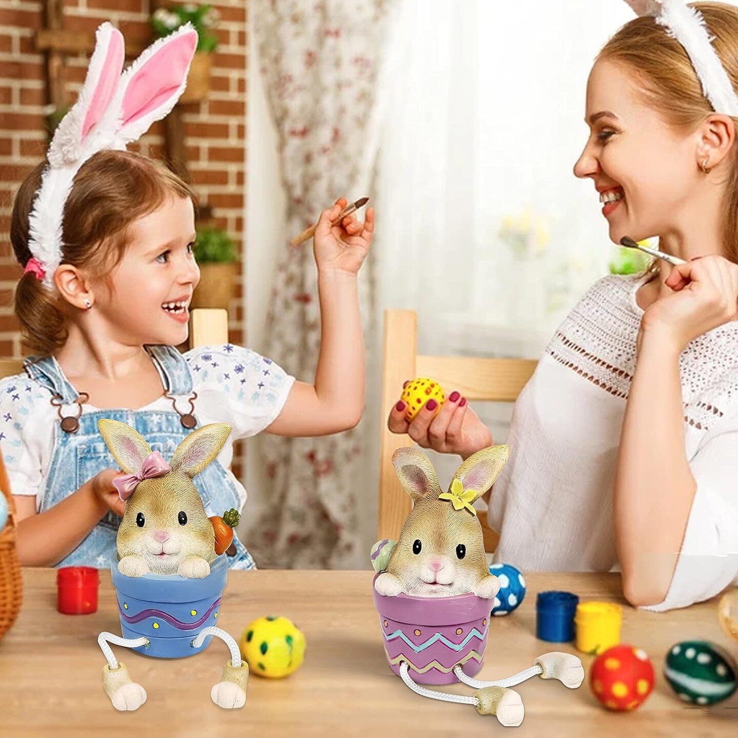 Home Easter Bunny Figurine, Set of 2 Resin Pot Bunny Shelf Sitters with Dangling Legs, Cute Modern Easter Statue Tabletop Sculpture Centerpieces Decorations