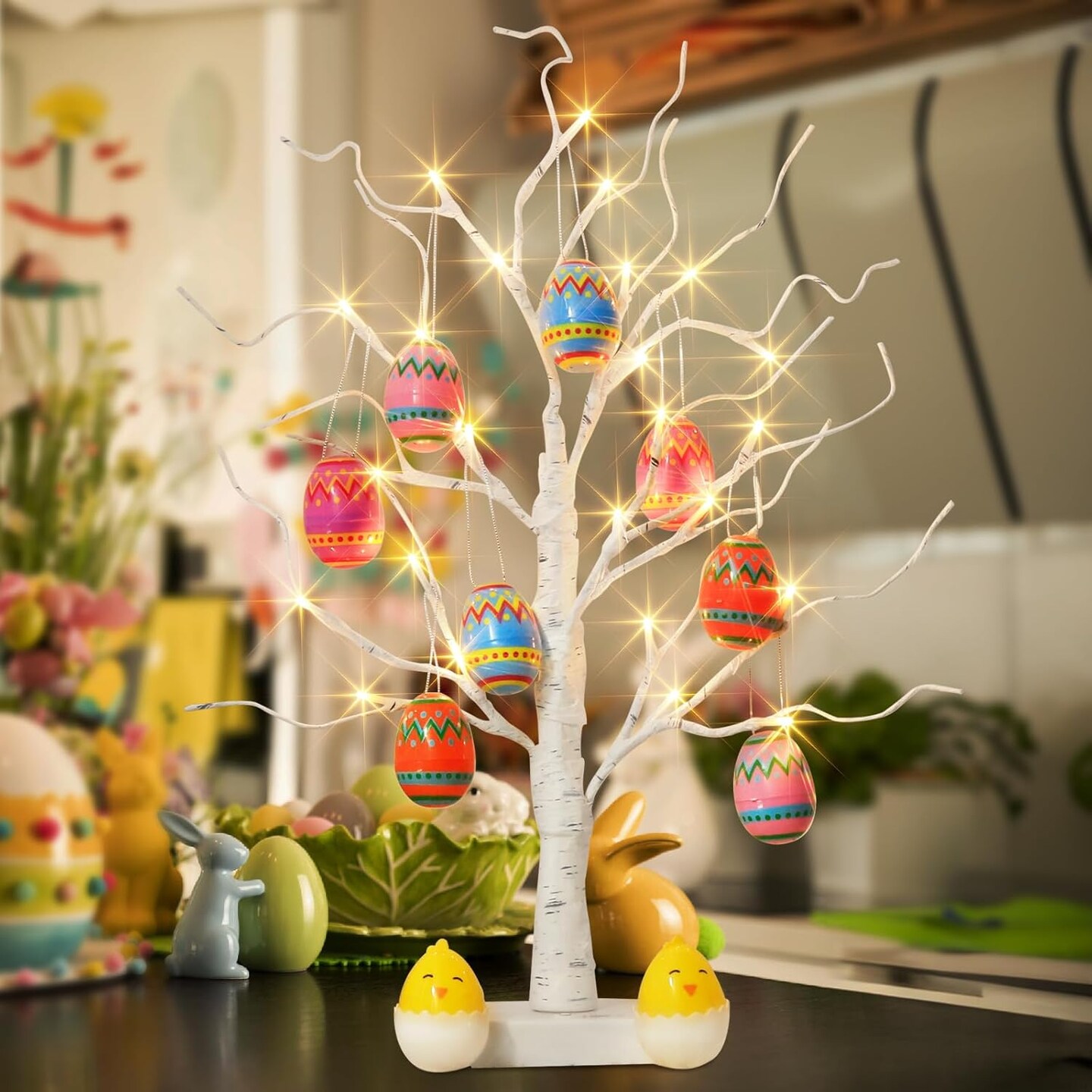 Easter Decorations, Easter Tree with 10pcs Eggs Ornaments, Lighted White Birch Tree with Timer Battery Powered, Twig Tree Tabletop Centerpiece Spring Decorations for Home Kids (2FT/24 LED)