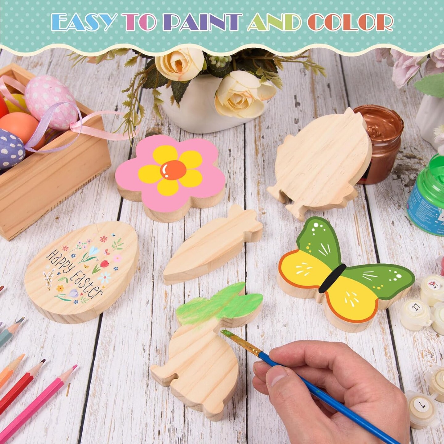 12 Pcs Easter Wooden Cutouts Unfinished Easter Shaped Table Sign Easter Standing Wooden Centerpieces Unpainted Easter Wood Blocks for DIY Crafts School Art Projects Easter Spring Decor,6 Style