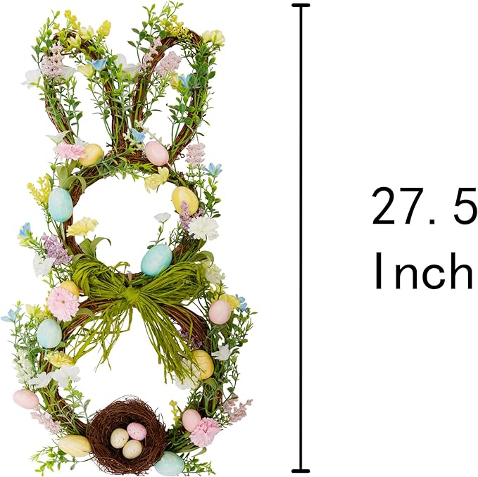 27 Inch Easter Wreath for Front Door Bunny Wreath Cute Easter Door Decorations Gifts Pastel Eggs Spring Flower Home Decor Party Holiday