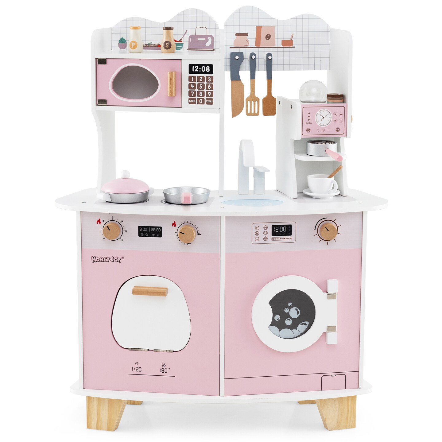 Wooden Kids Kitchen Playset with Coffee Maker for kids-Pink