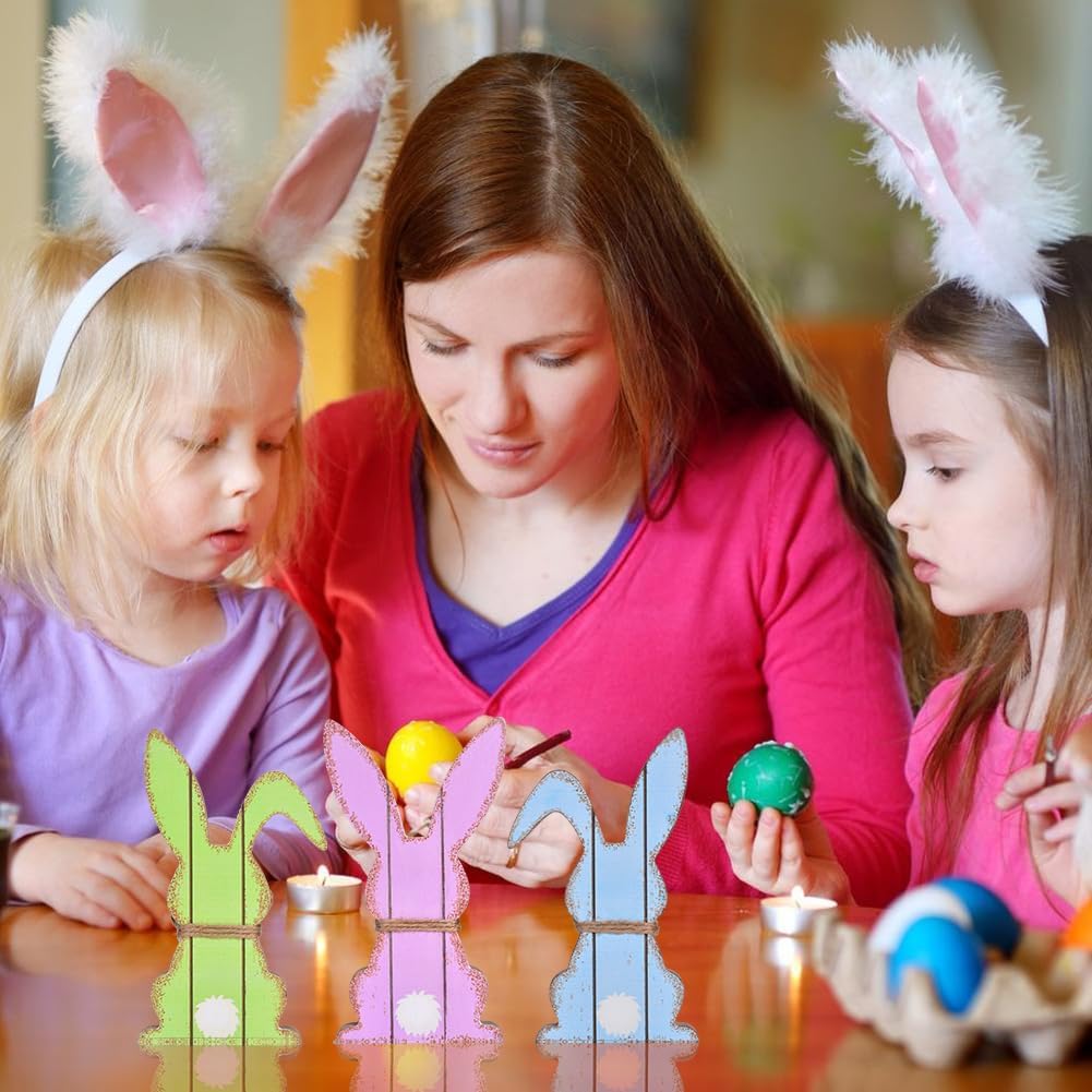 Easter Decorations for Home, 3PCs Easter Bunny Table Decor, Natural Wooden Easter Centerpiece Signs